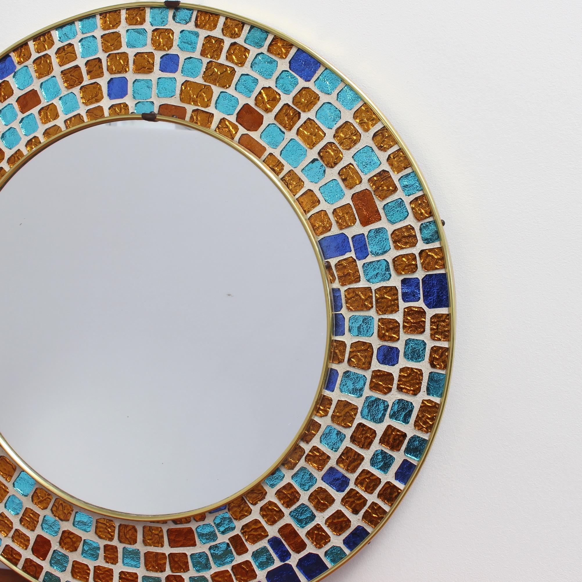 Midcentury Spanish Circular Brass Wall Mirror with Decorative Mosaic Glass 1960s 2