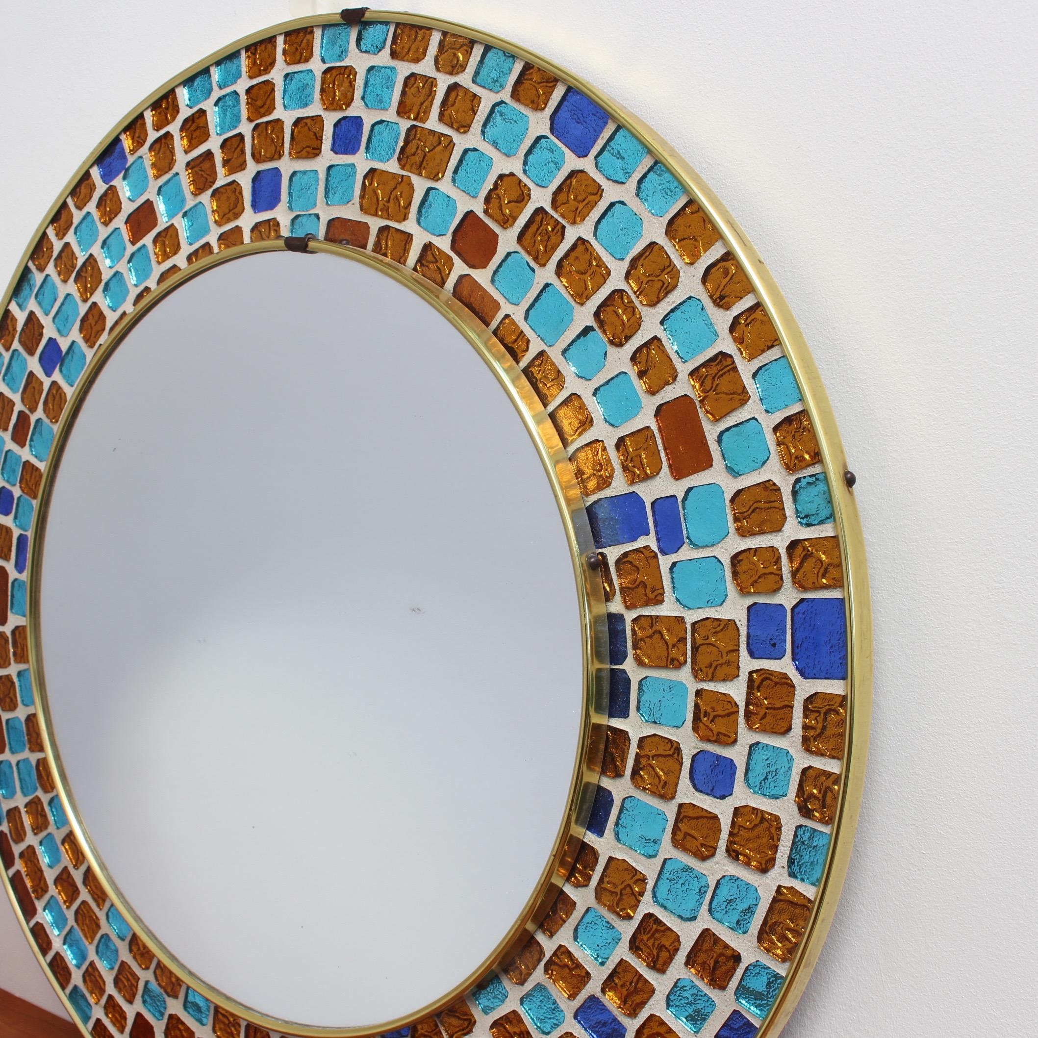 Midcentury Spanish Circular Brass Wall Mirror with Decorative Mosaic Glass 1960s 3