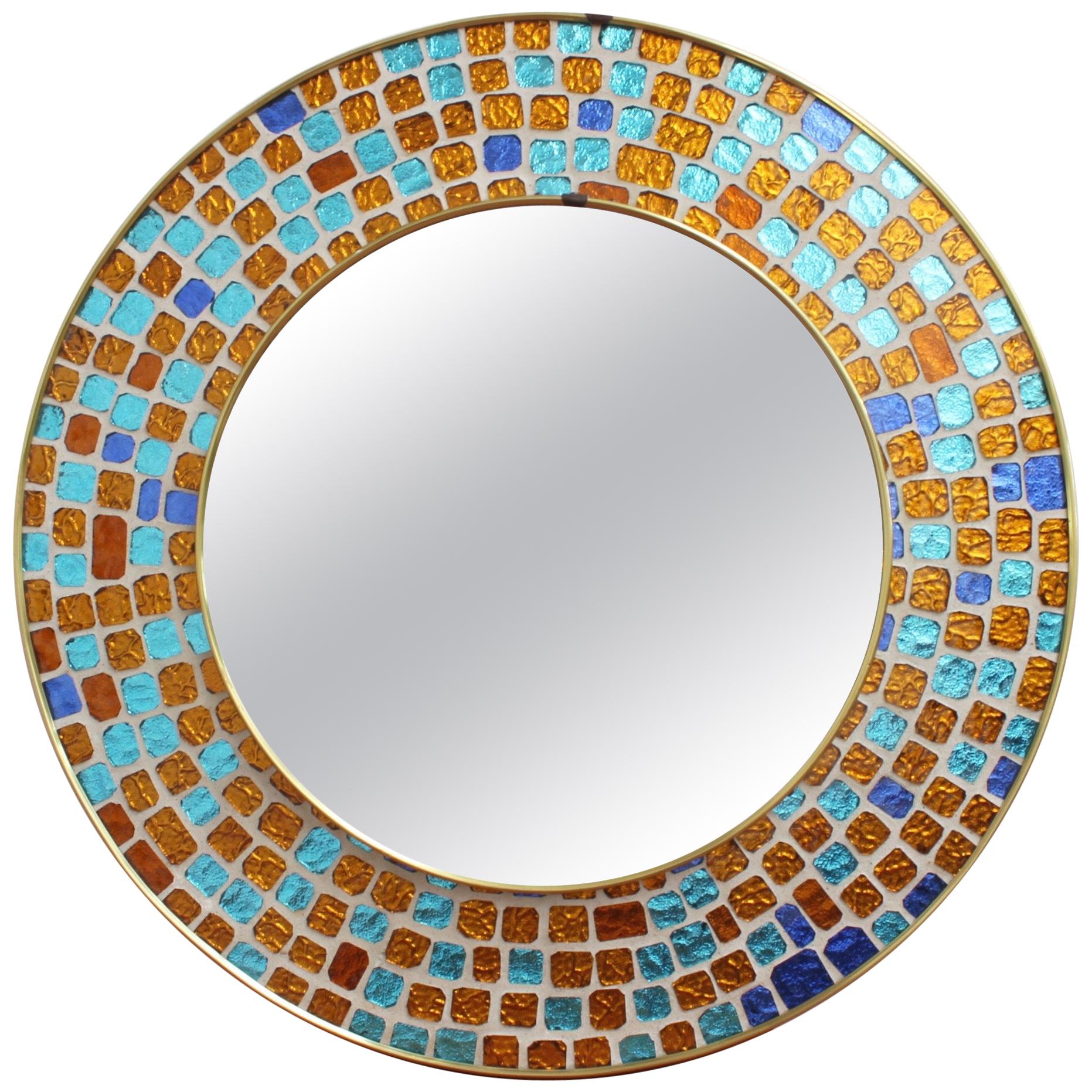 Midcentury Spanish Circular Brass Wall Mirror with Decorative Mosaic Glass 1960s