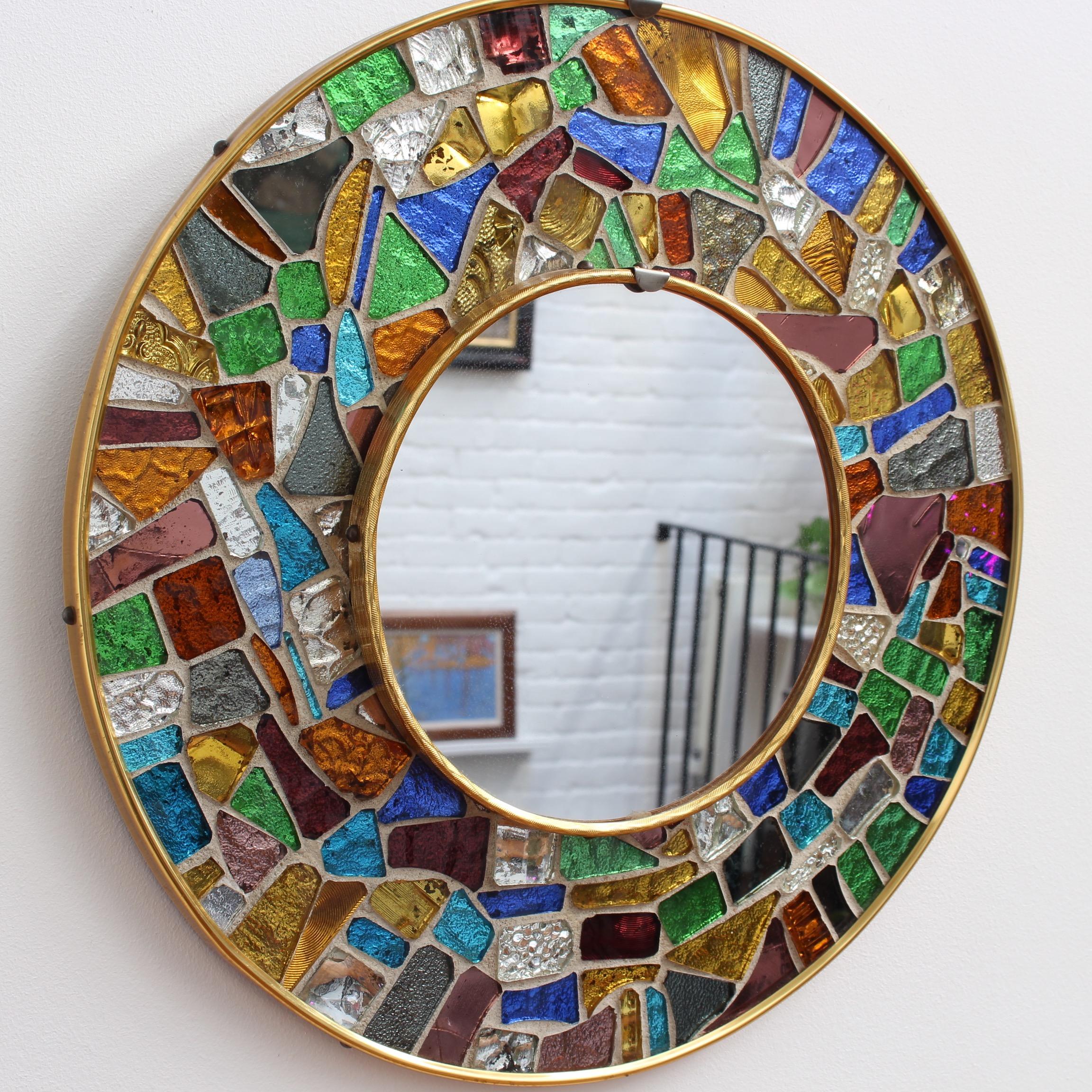 Bohemian Midcentury Spanish Circular Brass Wall Mirror with Mosaic Surround, circa 1960s