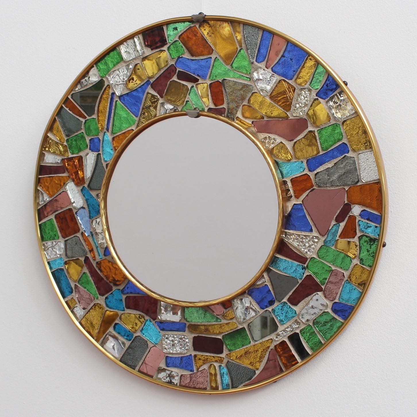 Midcentury Spanish Circular Brass Wall Mirror with Mosaic Surround, circa 1960s In Good Condition In London, GB