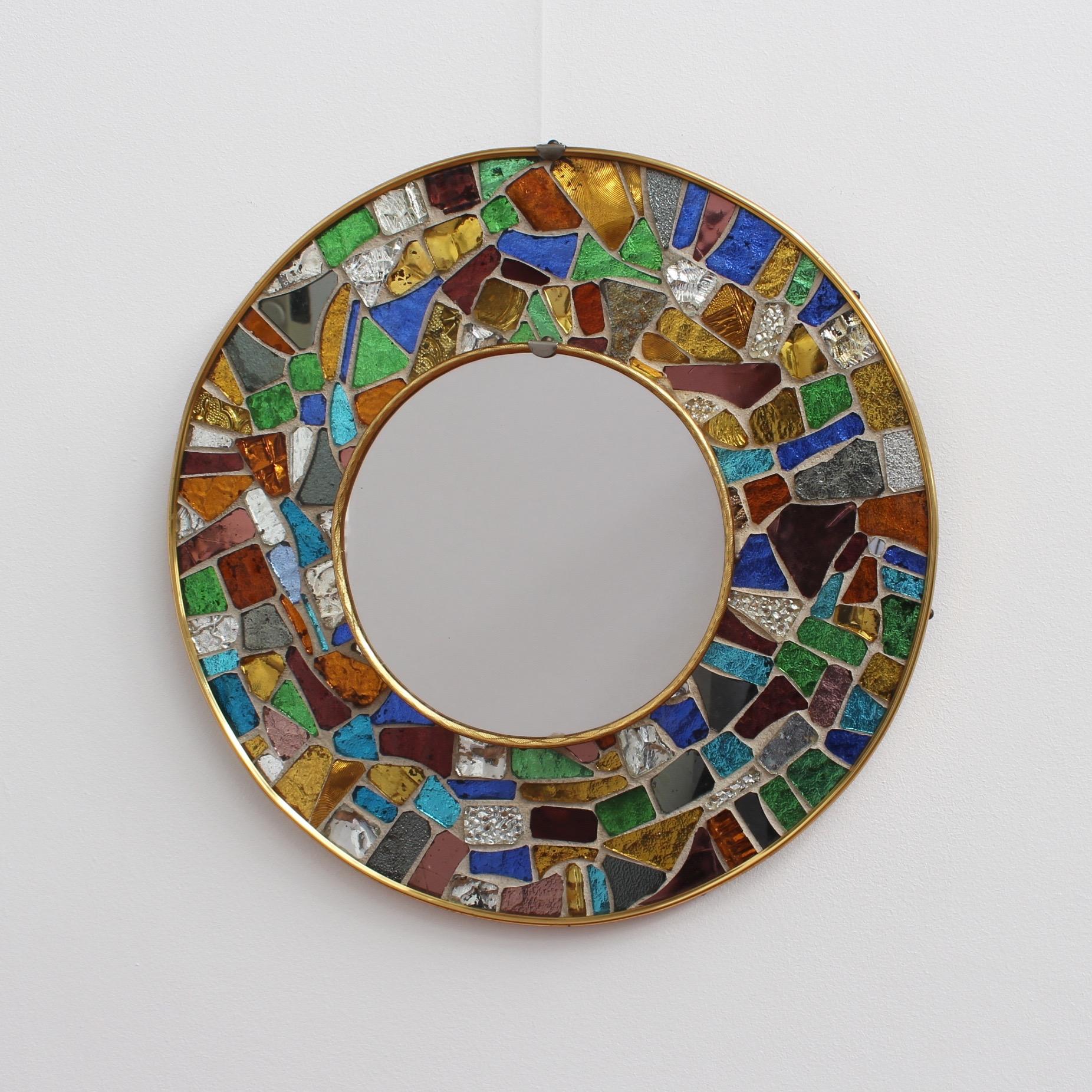 Mid-20th Century Midcentury Spanish Circular Brass Wall Mirror with Mosaic Surround, circa 1960s