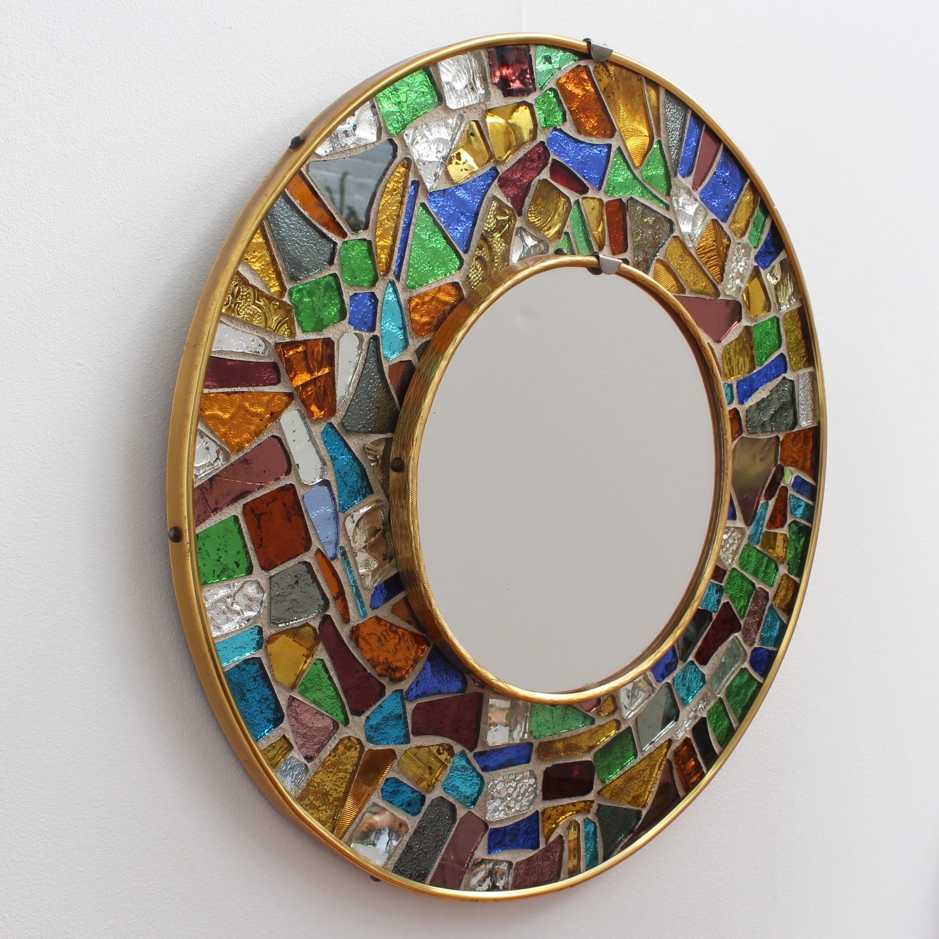 Midcentury Spanish Circular Brass Wall Mirror with Mosaic Surround, circa 1960s 1