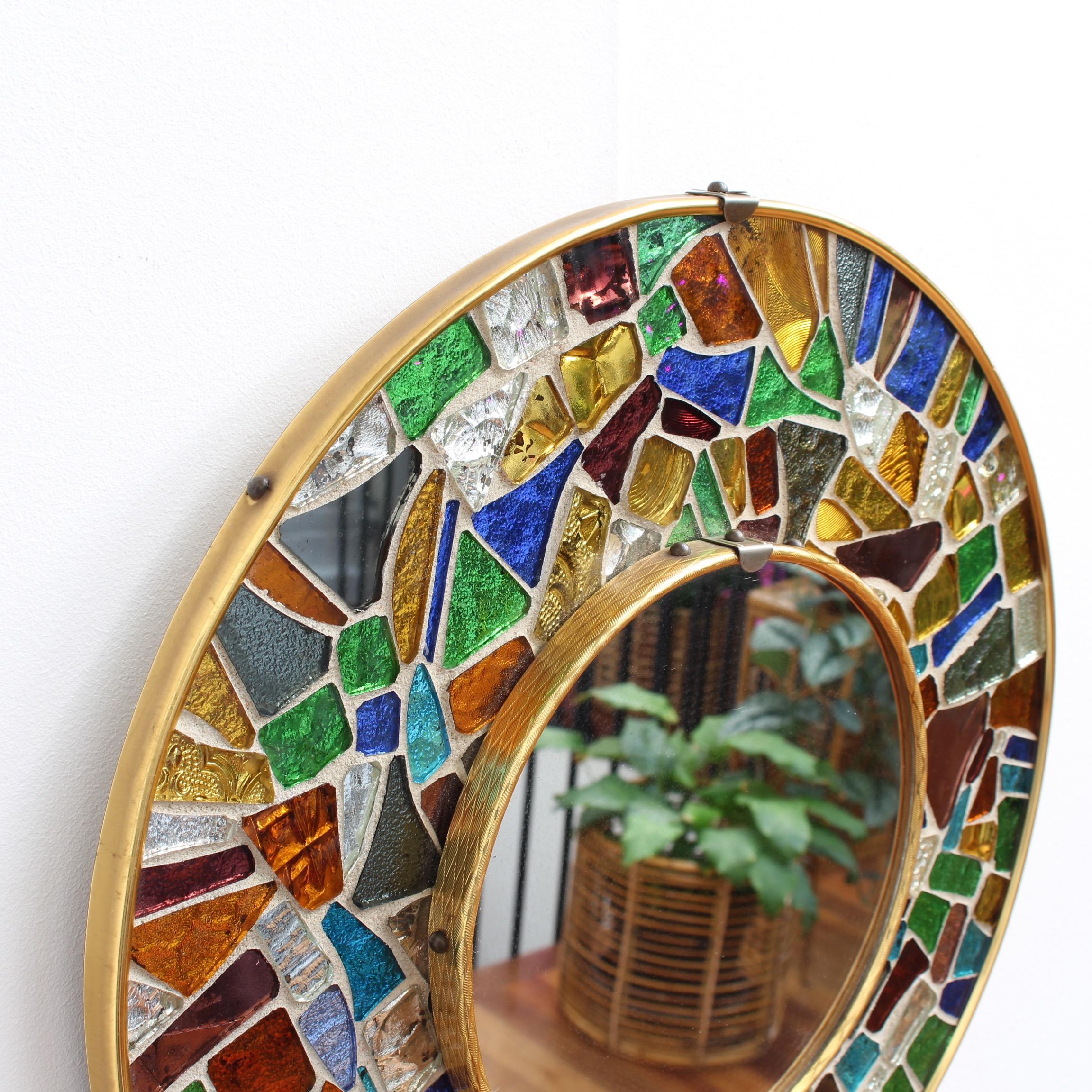 Midcentury Spanish Circular Brass Wall Mirror with Mosaic Surround, circa 1960s 2
