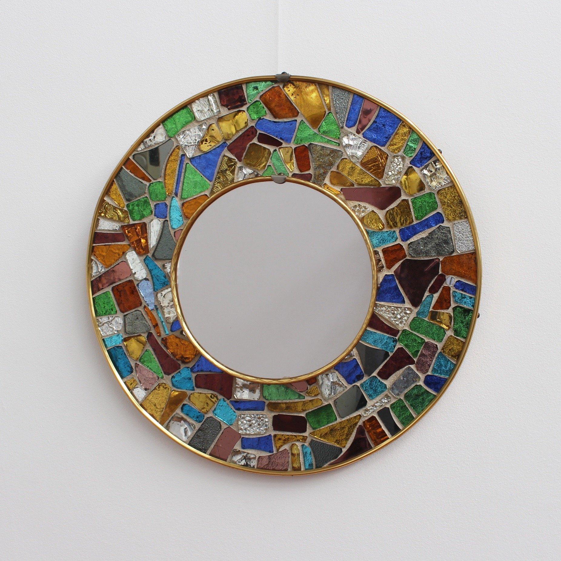 Midcentury Spanish Circular Brass Wall Mirror with Mosaic Surround, circa 1960s 3