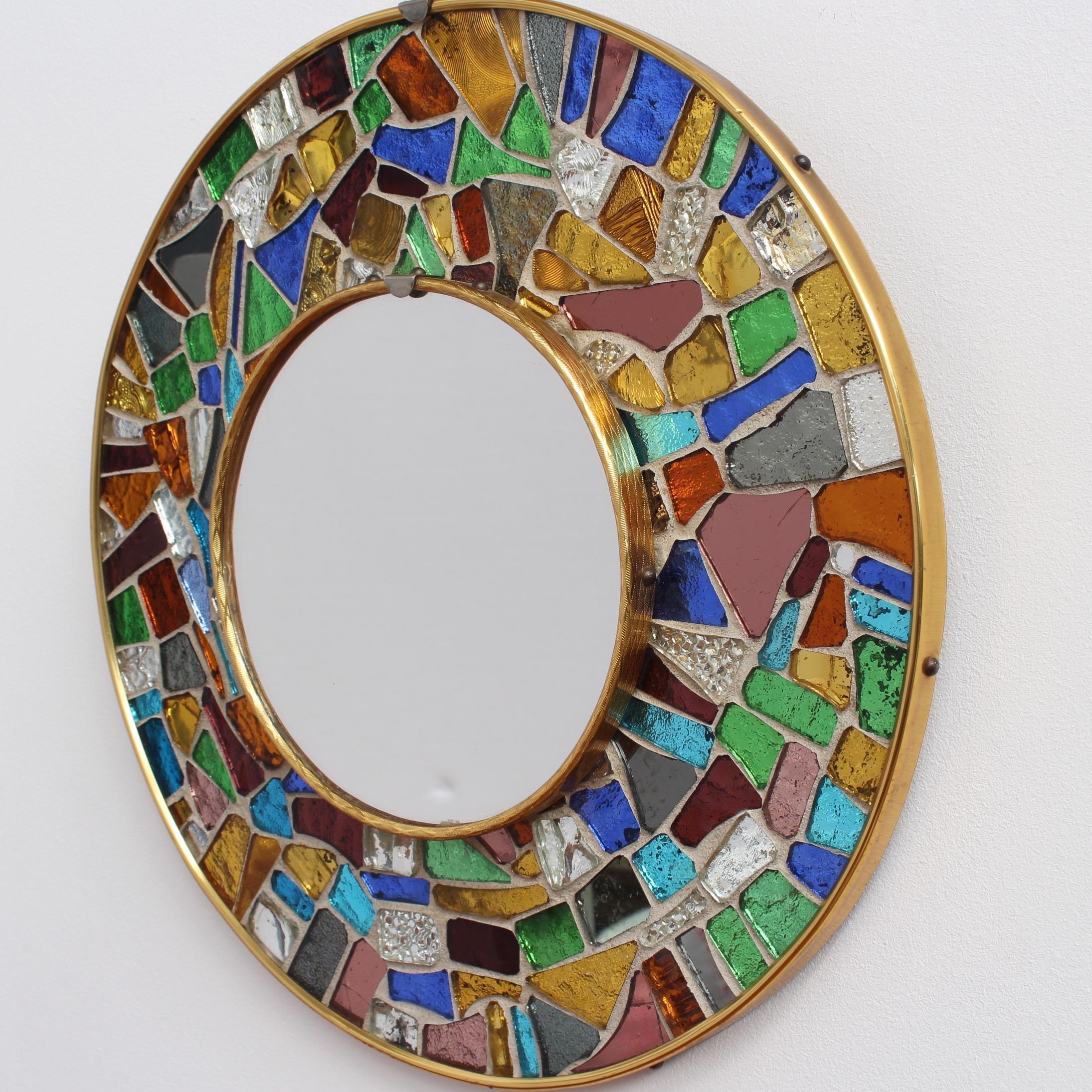 Midcentury Spanish Circular Brass Wall Mirror with Mosaic Surround, circa 1960s 5