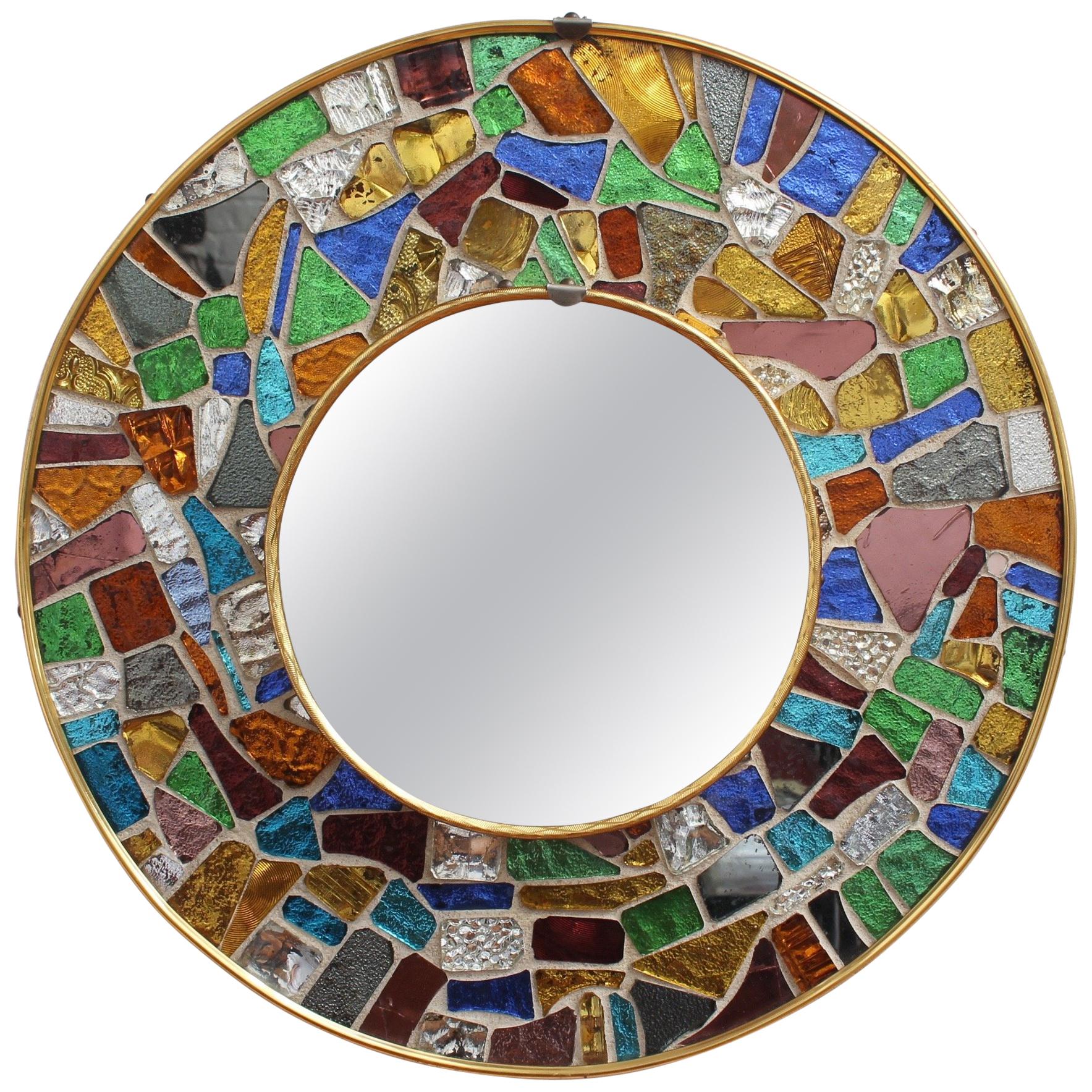 Midcentury Spanish Circular Brass Wall Mirror with Mosaic Surround, circa 1960s