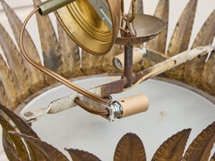 Midcentury Spanish Gilt Metal Crown Chandelier with Frosted Glass Diffuser