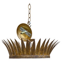 Midcentury Spanish Gilt Metal Crown Chandelier with Frosted Glass Diffuser