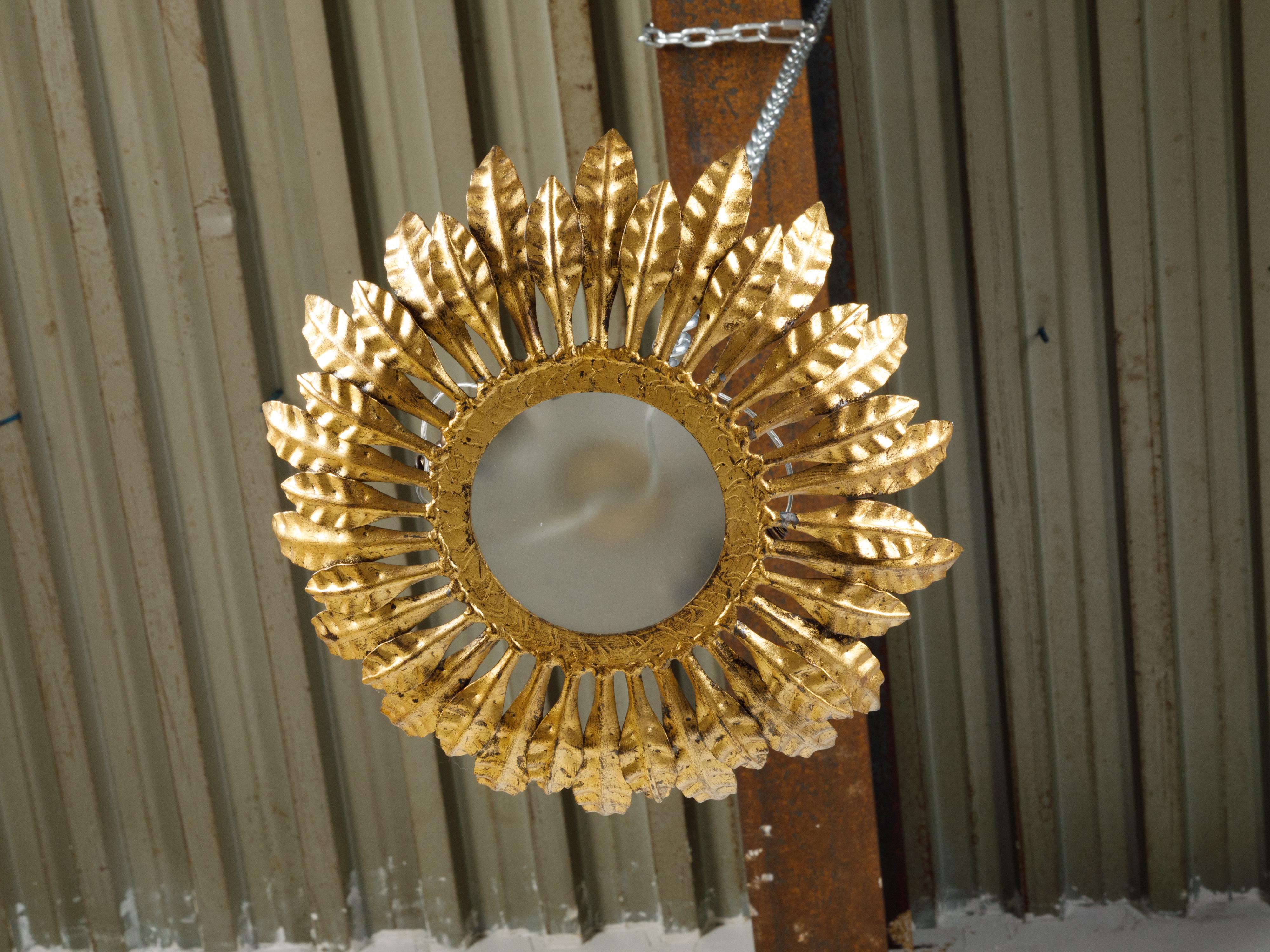 Mid-Century Modern Midcentury Spanish Gilt Metal Crown Chandelier with Leaves and Frosted Glass For Sale