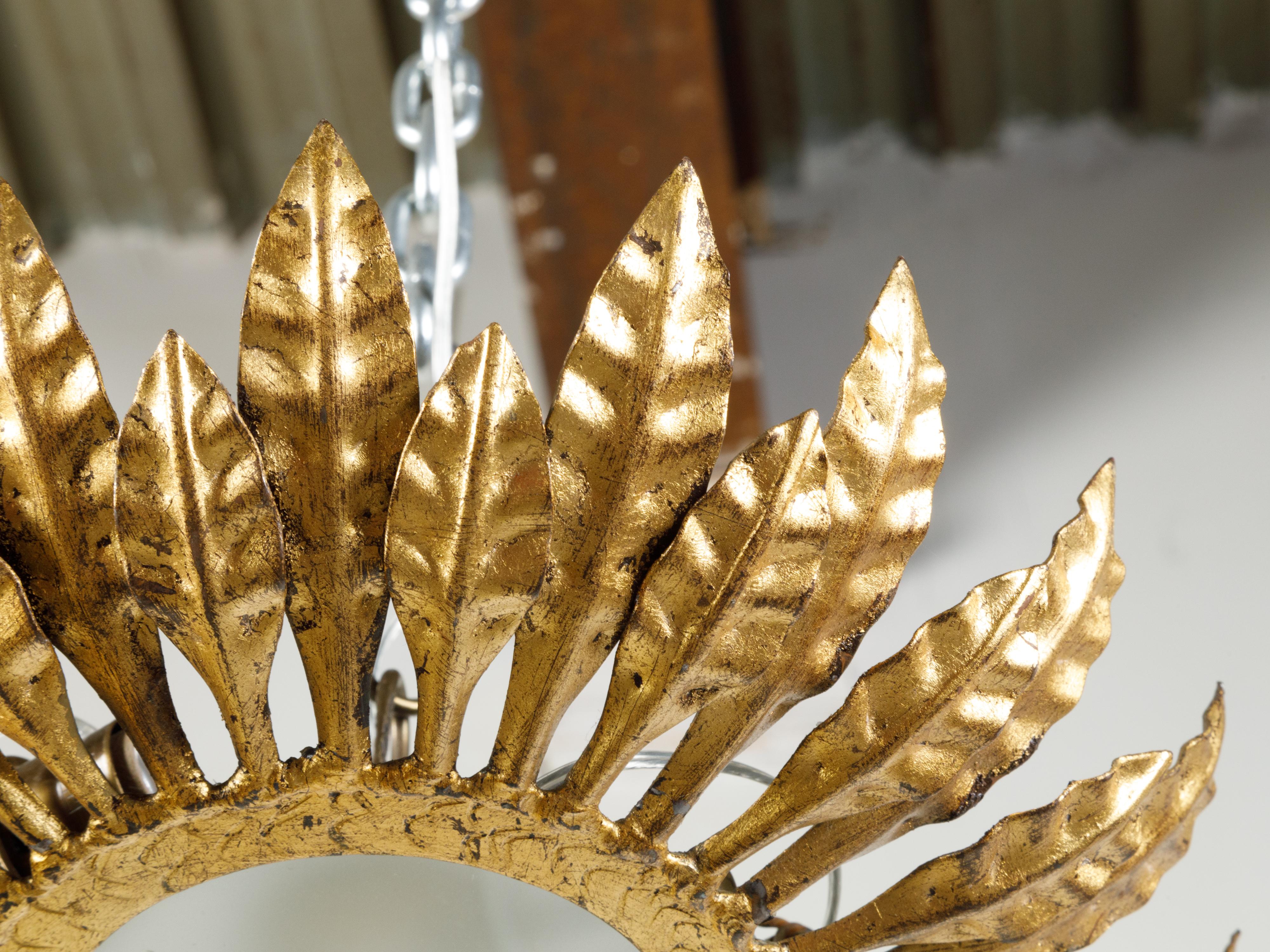 Midcentury Spanish Gilt Metal Crown Chandelier with Leaves and Frosted Glass In Good Condition For Sale In Atlanta, GA