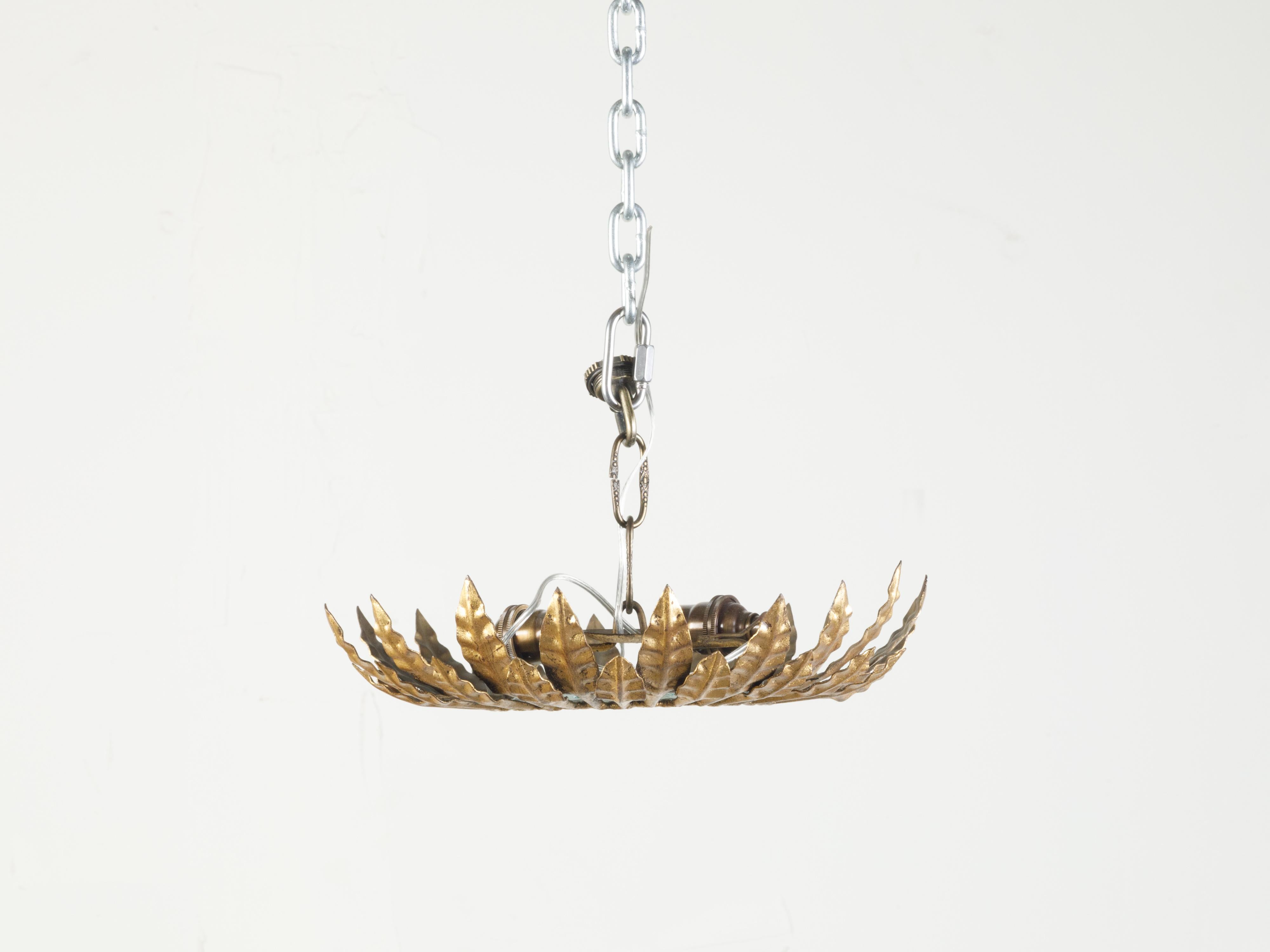 Midcentury Spanish Gilt Metal Crown Chandelier with Leaves and Frosted Glass For Sale 3