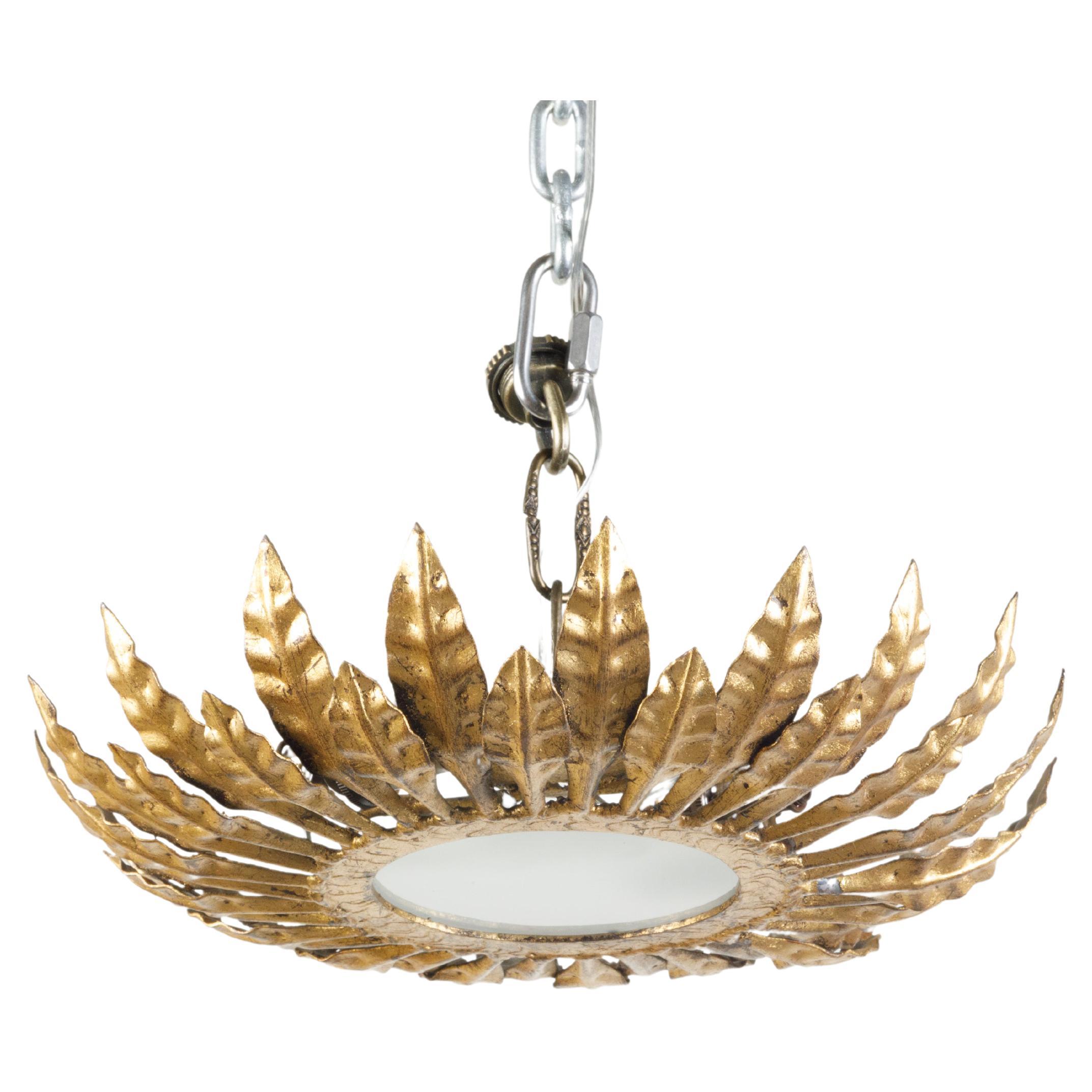 Midcentury Spanish Gilt Metal Crown Chandelier with Leaves and Frosted Glass For Sale