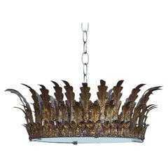 Midcentury Spanish Gilt Metal Semi-Flush Crown Chandelier with Curving Foliage
