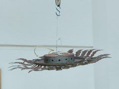 Midcentury Spanish Gilt Metal Semi-Flush Sunburst Light Fixture with Star Motifs