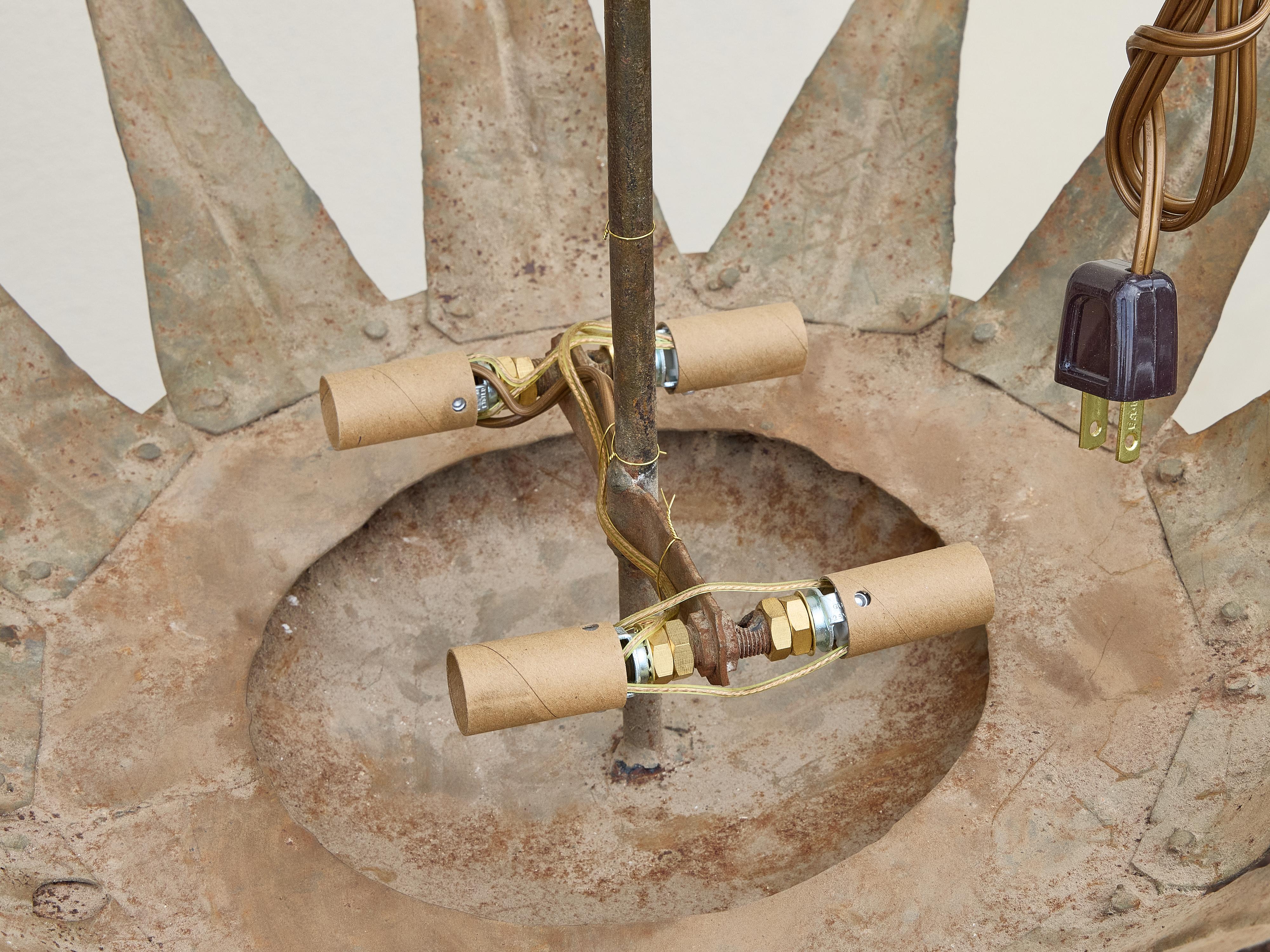 Midcentury Spanish Gilt Metal Sunburst Crown Chandelier with Four Lights In Good Condition For Sale In Atlanta, GA