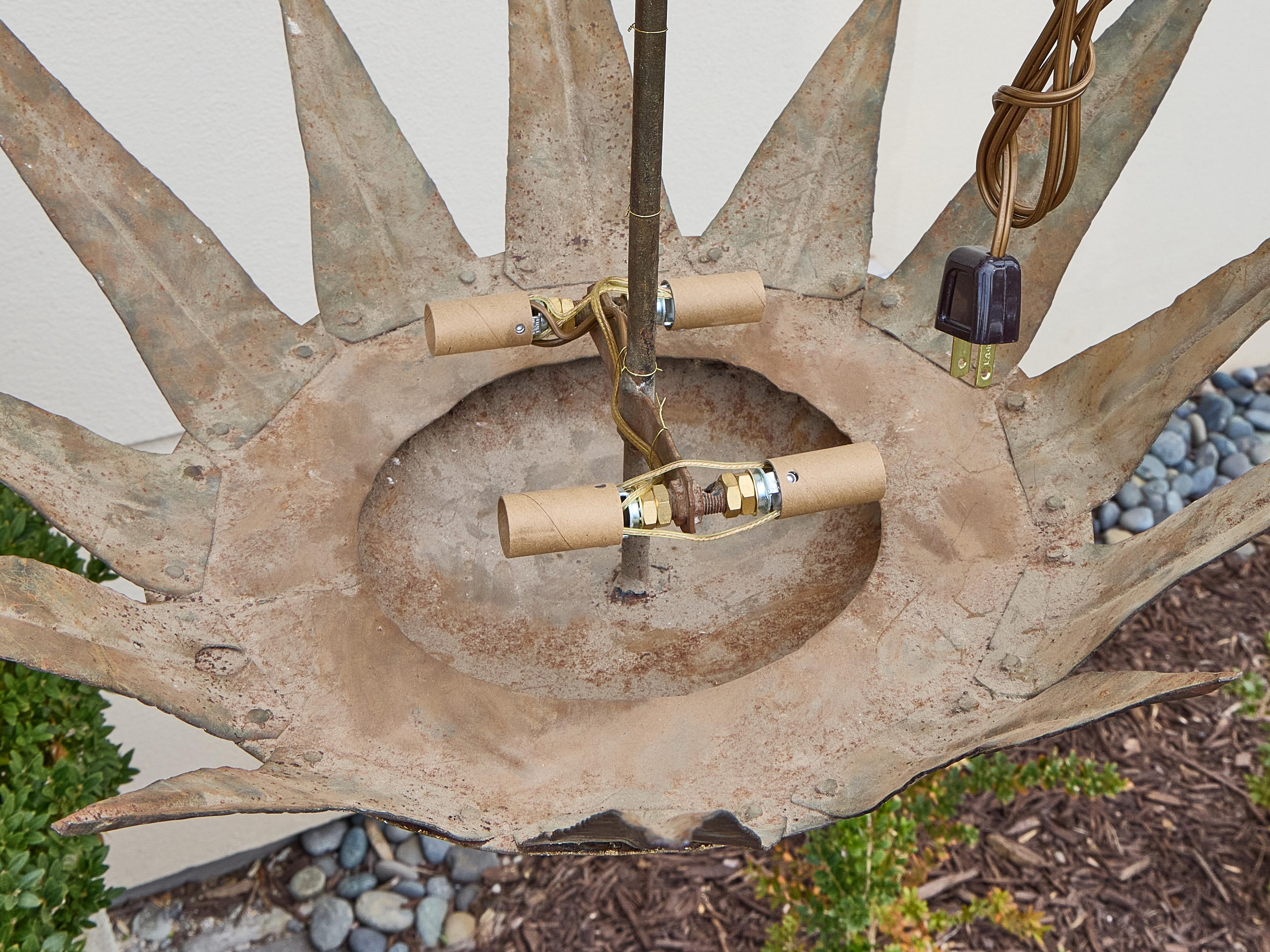 20th Century Midcentury Spanish Gilt Metal Sunburst Crown Chandelier with Four Lights For Sale