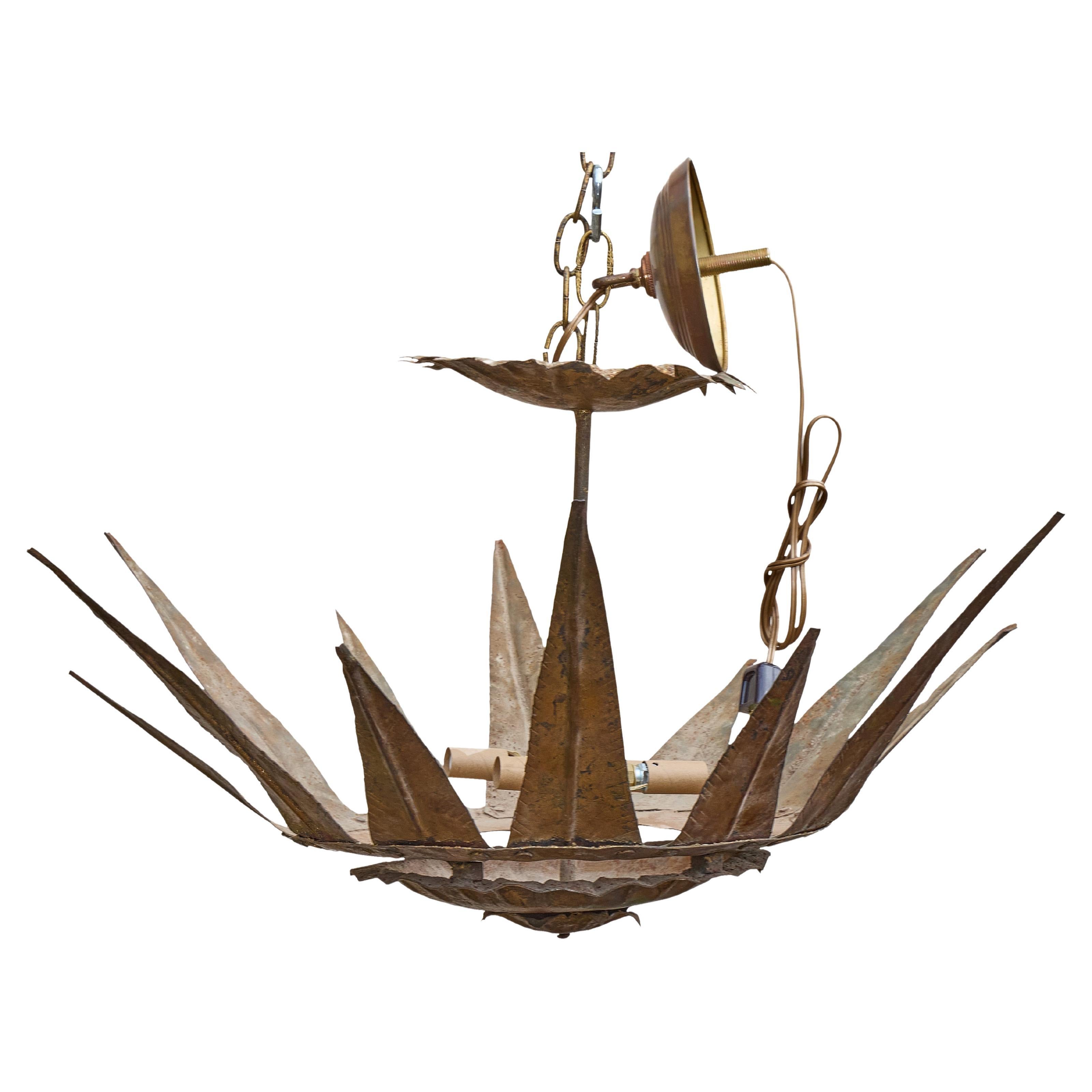 Midcentury Spanish Gilt Metal Sunburst Crown Chandelier with Four Lights