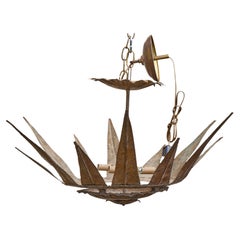 Midcentury Spanish Gilt Metal Sunburst Crown Chandelier with Four Lights