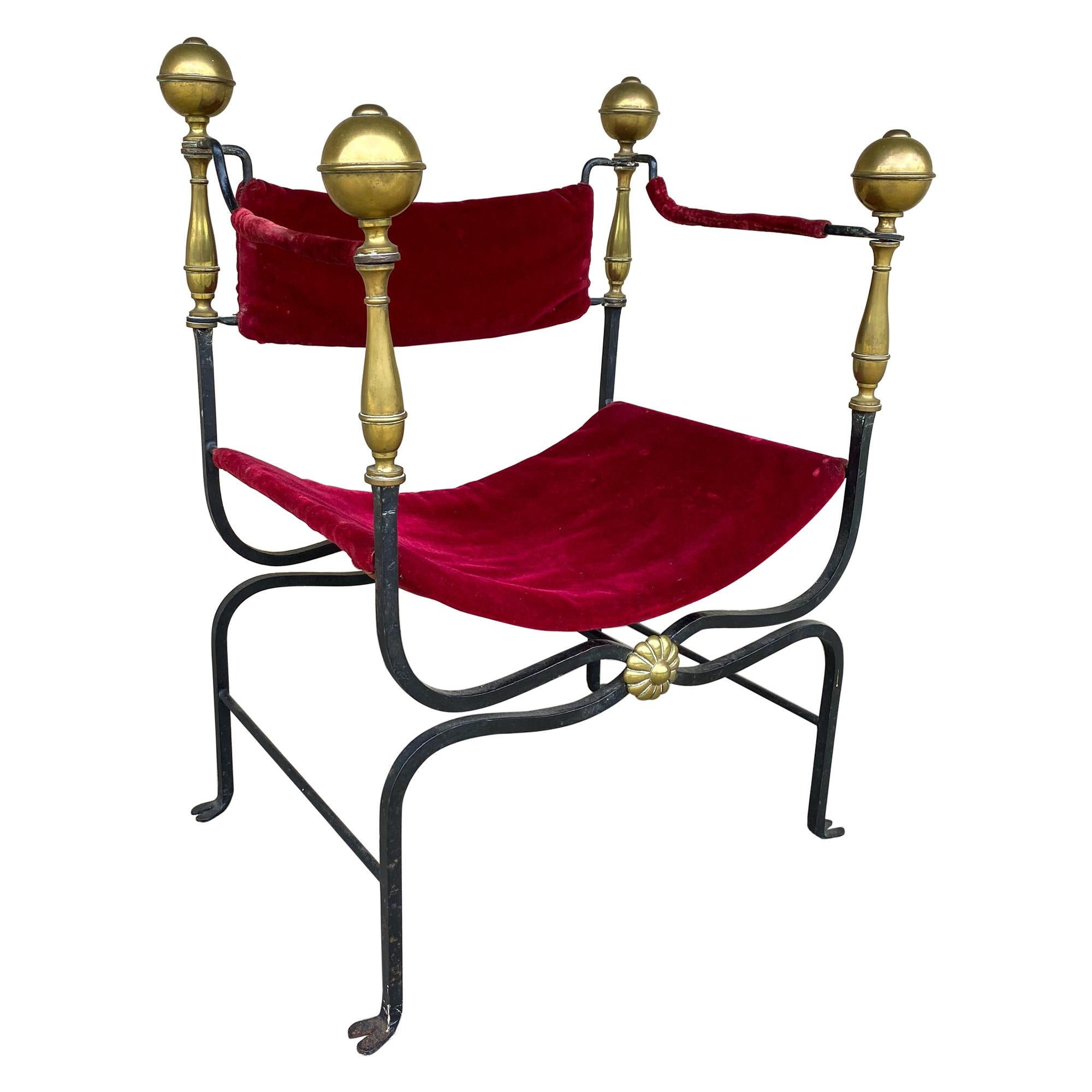 Midcentury Spanish Iron Savonarola Chair with Brass Accents and Red