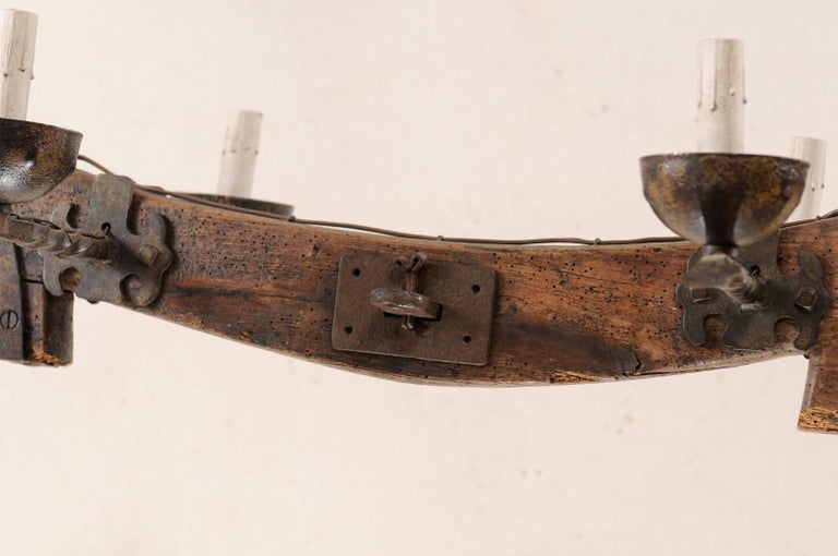 Midcentury Spanish Ox Yoke Wood Beam and Iron SixLight Chandelier at