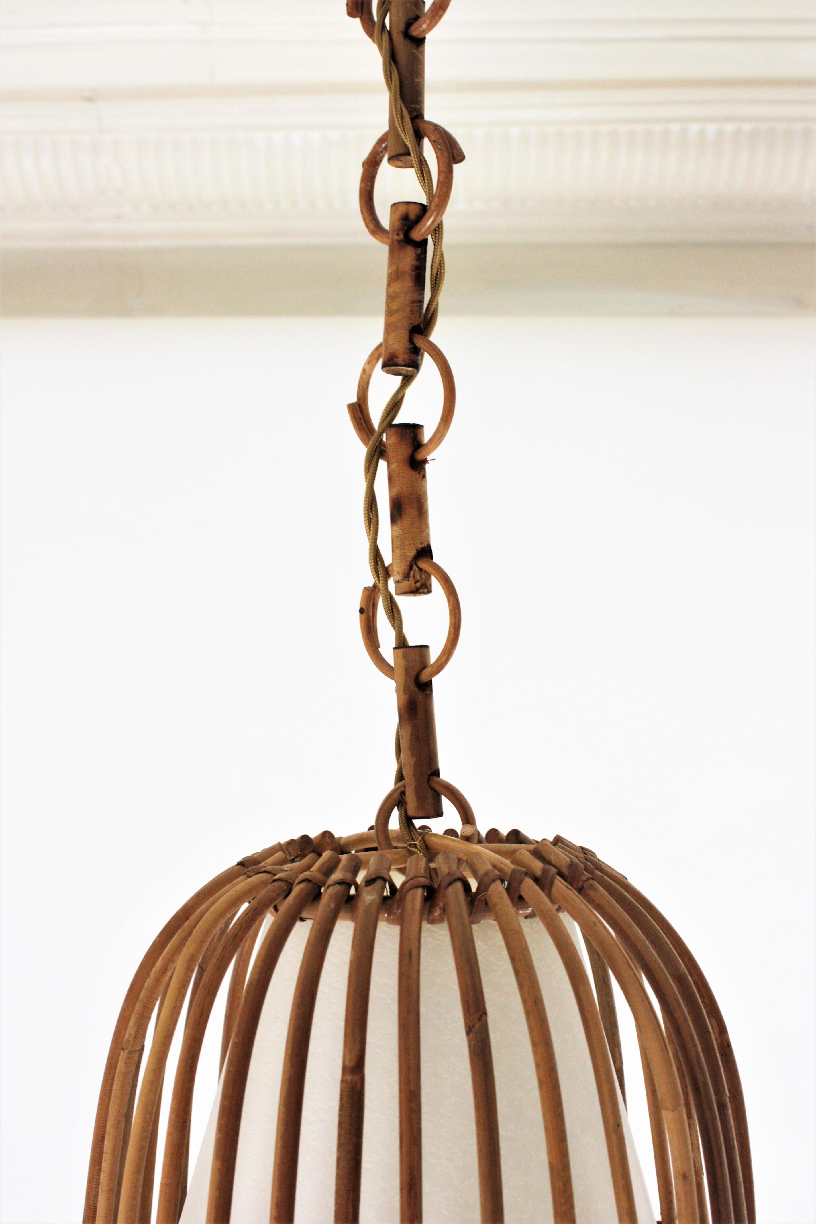 Rattan and Bamboo Spanish Midcentury Bell Pendant Hanging Light, 1960s 8