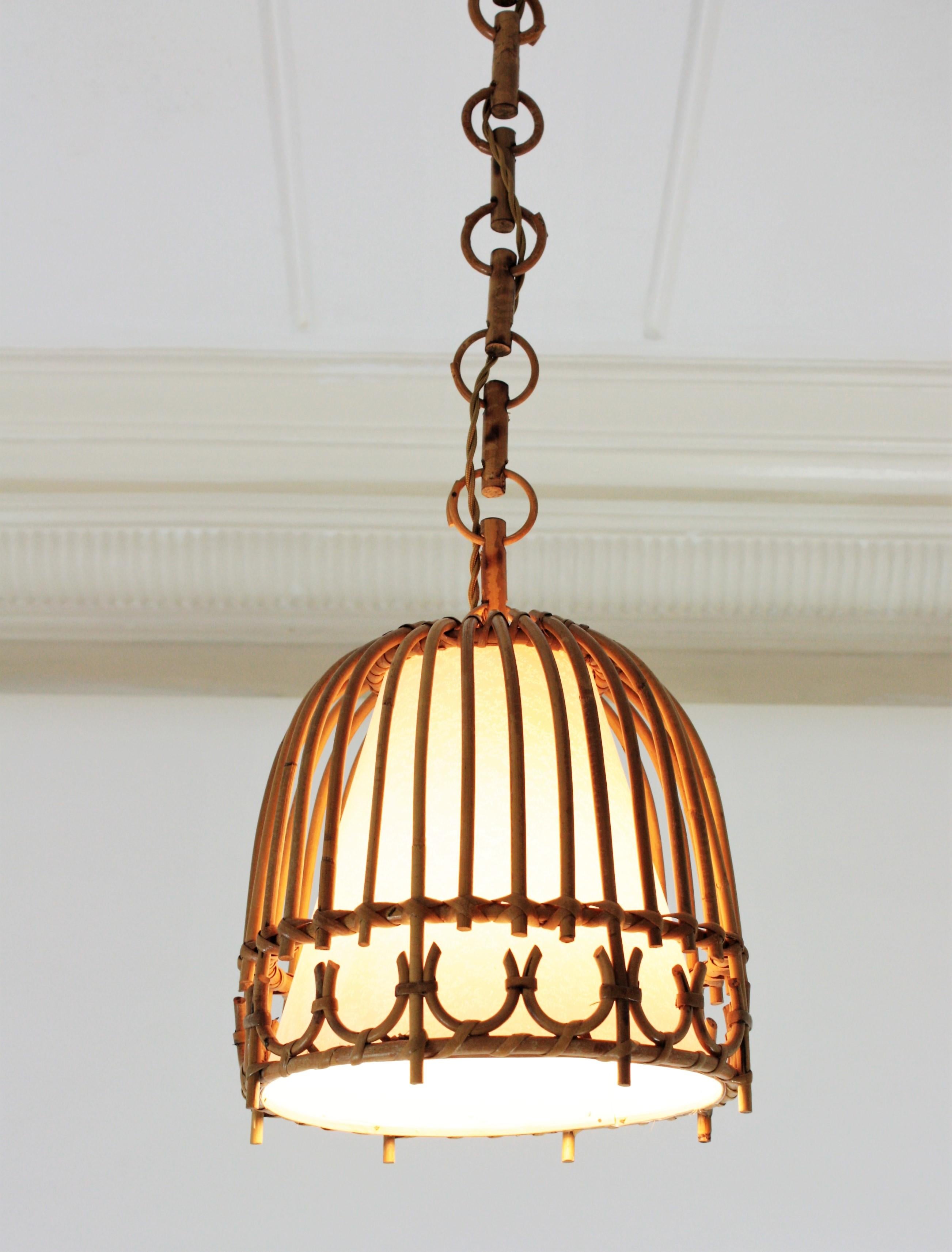 Rattan and Bamboo Spanish Midcentury Bell Pendant Hanging Light, 1960s 9