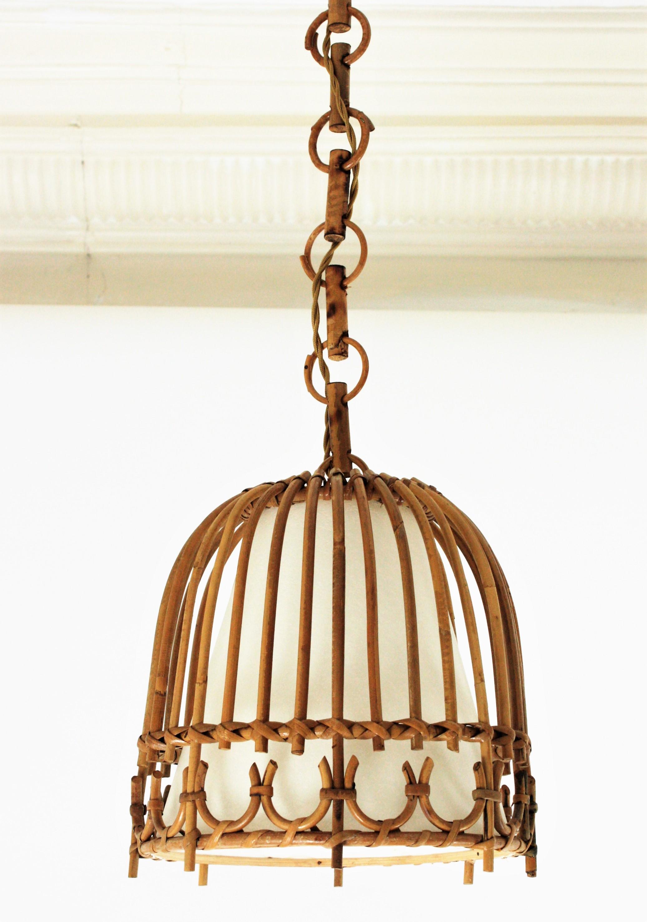 20th Century Rattan and Bamboo Spanish Midcentury Bell Pendant Hanging Light, 1960s