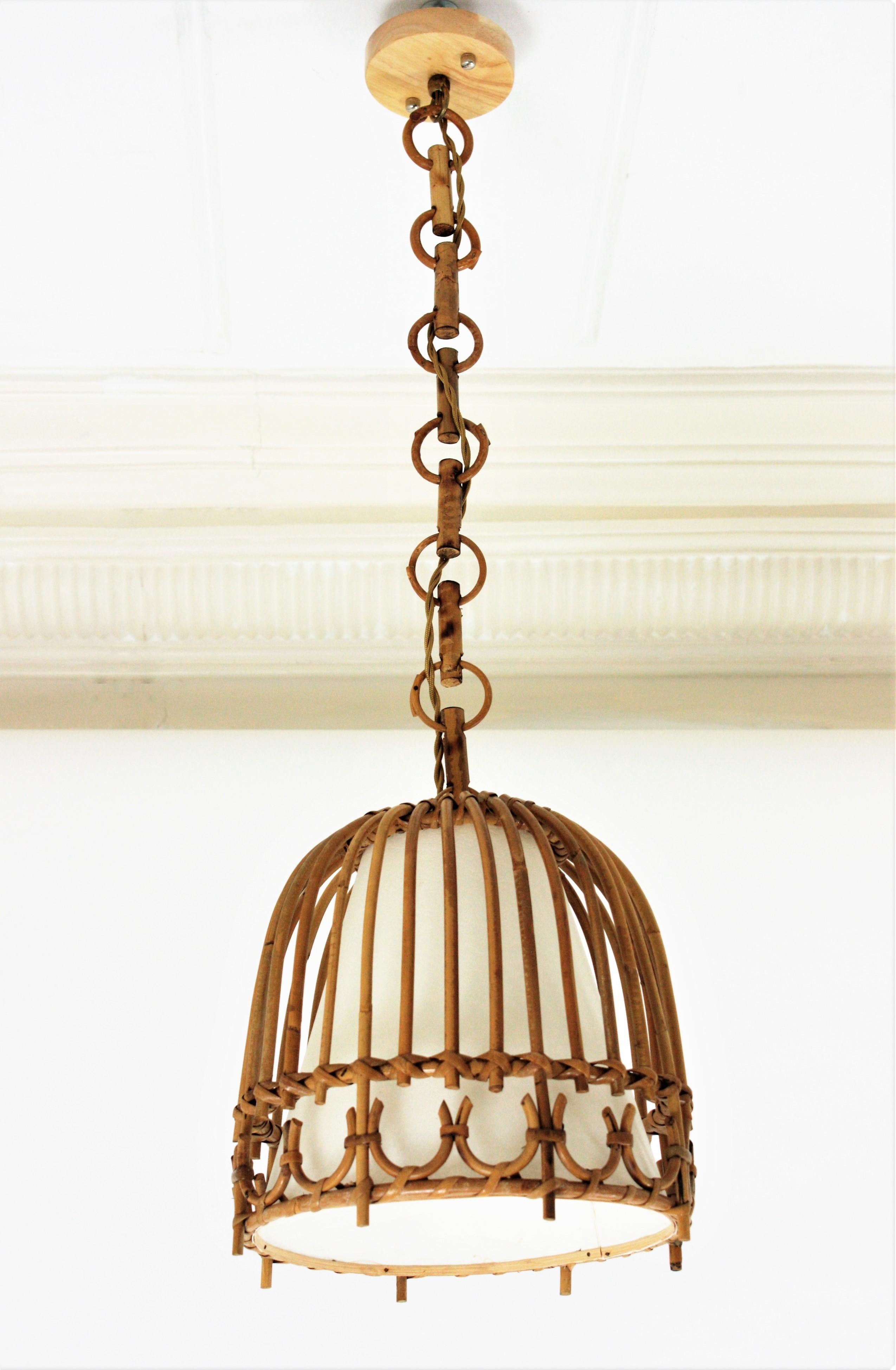 Rattan and Bamboo Spanish Midcentury Bell Pendant Hanging Light, 1960s 2