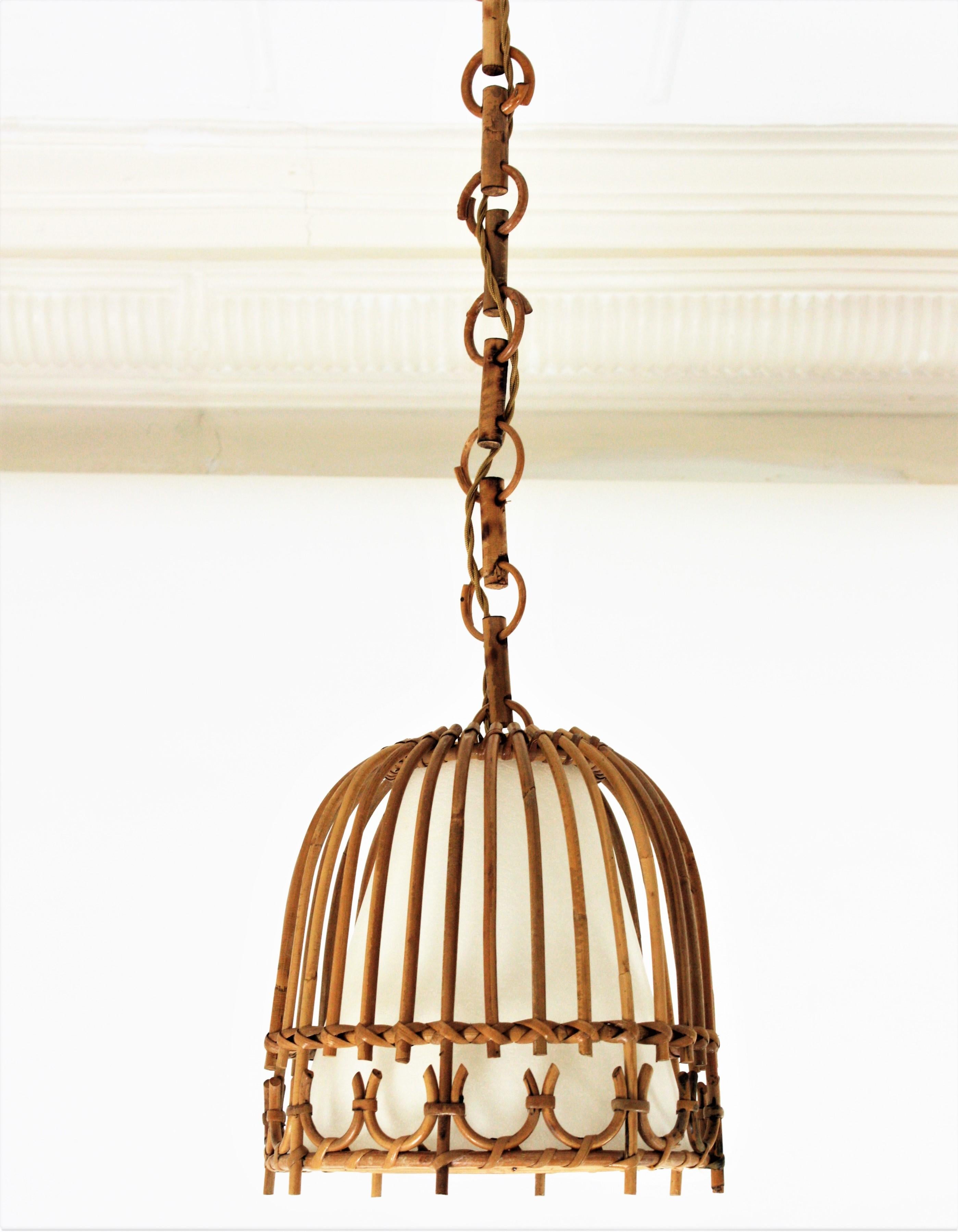Rattan and Bamboo Spanish Midcentury Bell Pendant Hanging Light, 1960s 3