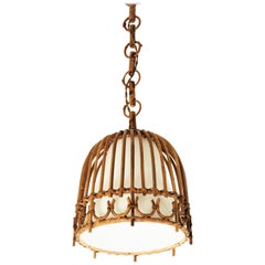 Rattan and Bamboo Spanish Midcentury Bell Pendant Hanging Light, 1960s