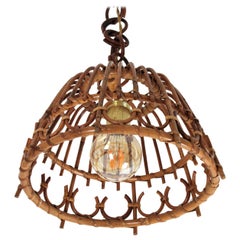 Midcentury Spanish Rattan and Wicker Pendant Hanging Light, 1960s