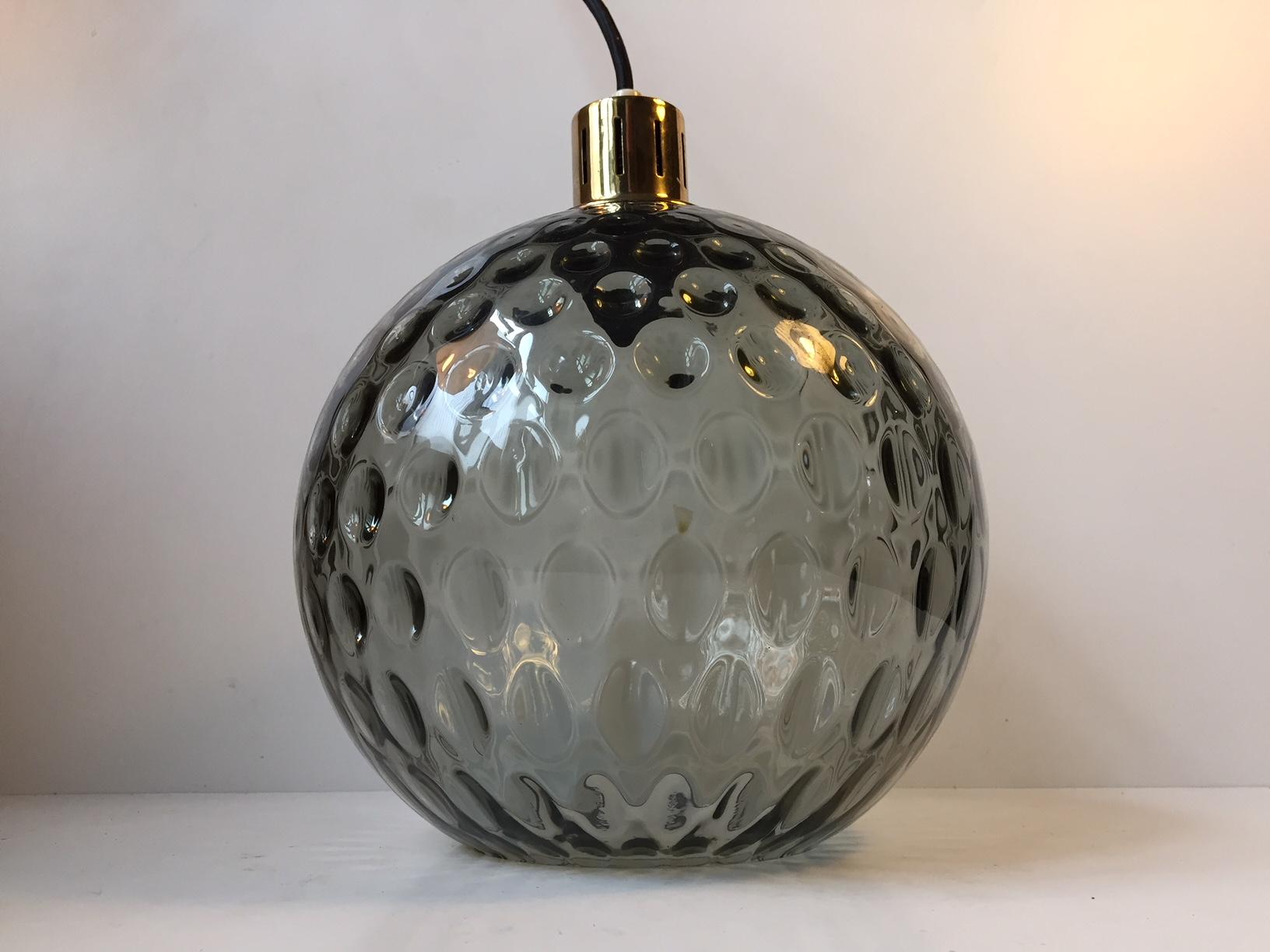 Mid-Century Modern Midcentury Spherical Glass and Brass Pendant Lamp from Orrefors, 1960s