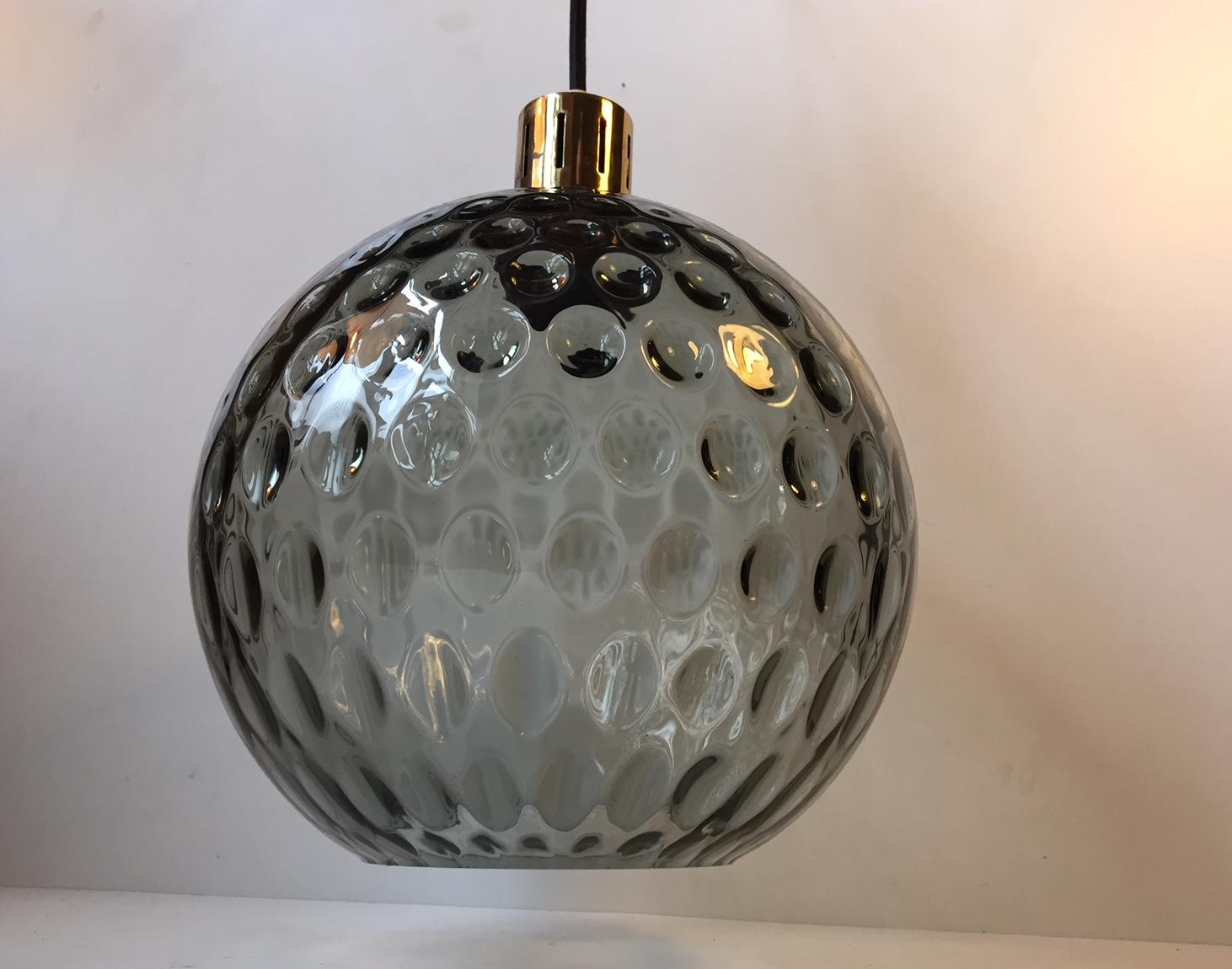 Swedish Midcentury Spherical Glass and Brass Pendant Lamp from Orrefors, 1960s