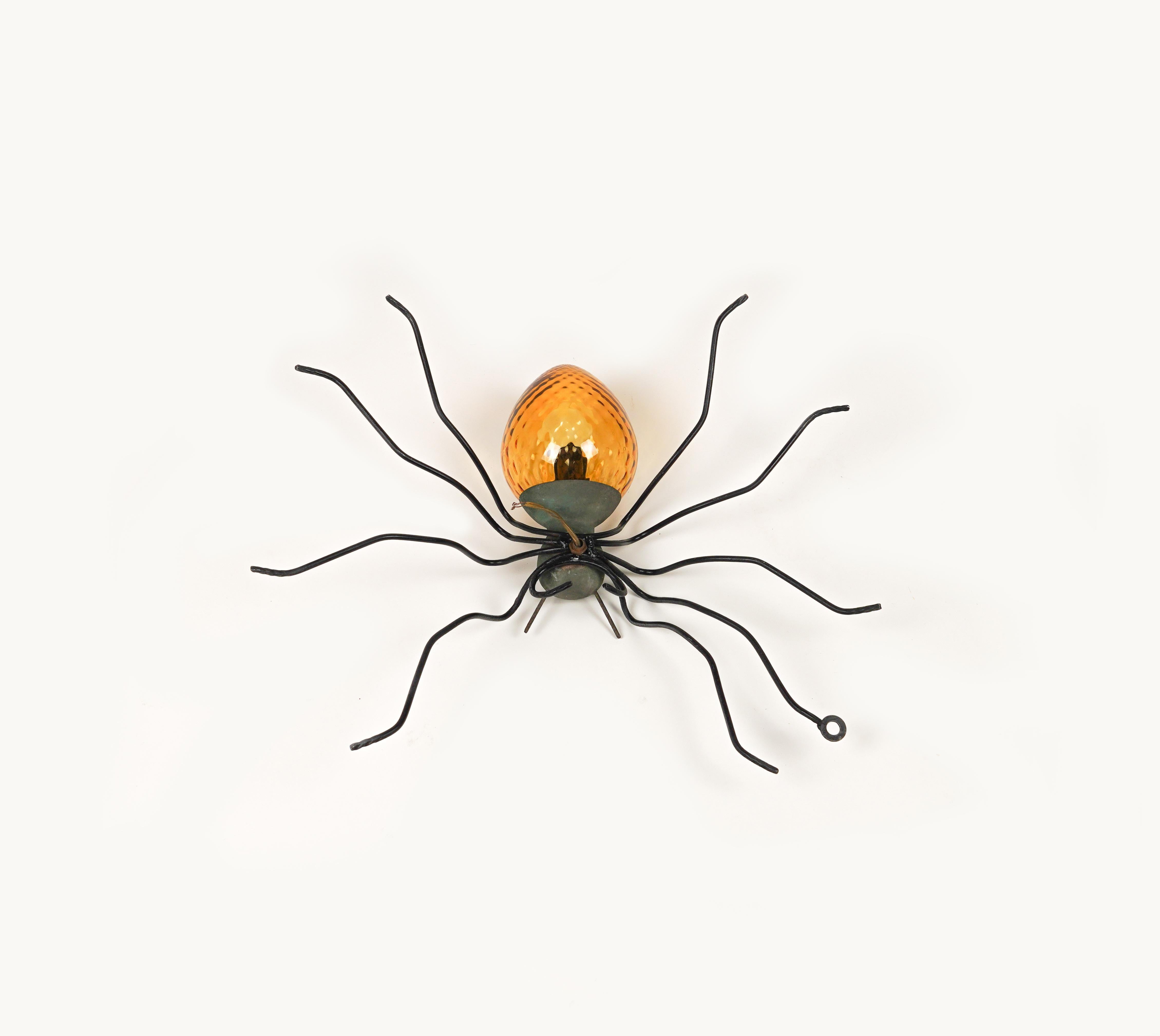 Midcentury Spider Wall Lamp Sconce in Copper, Iron and Art Glass, Italy 1970s For Sale 9