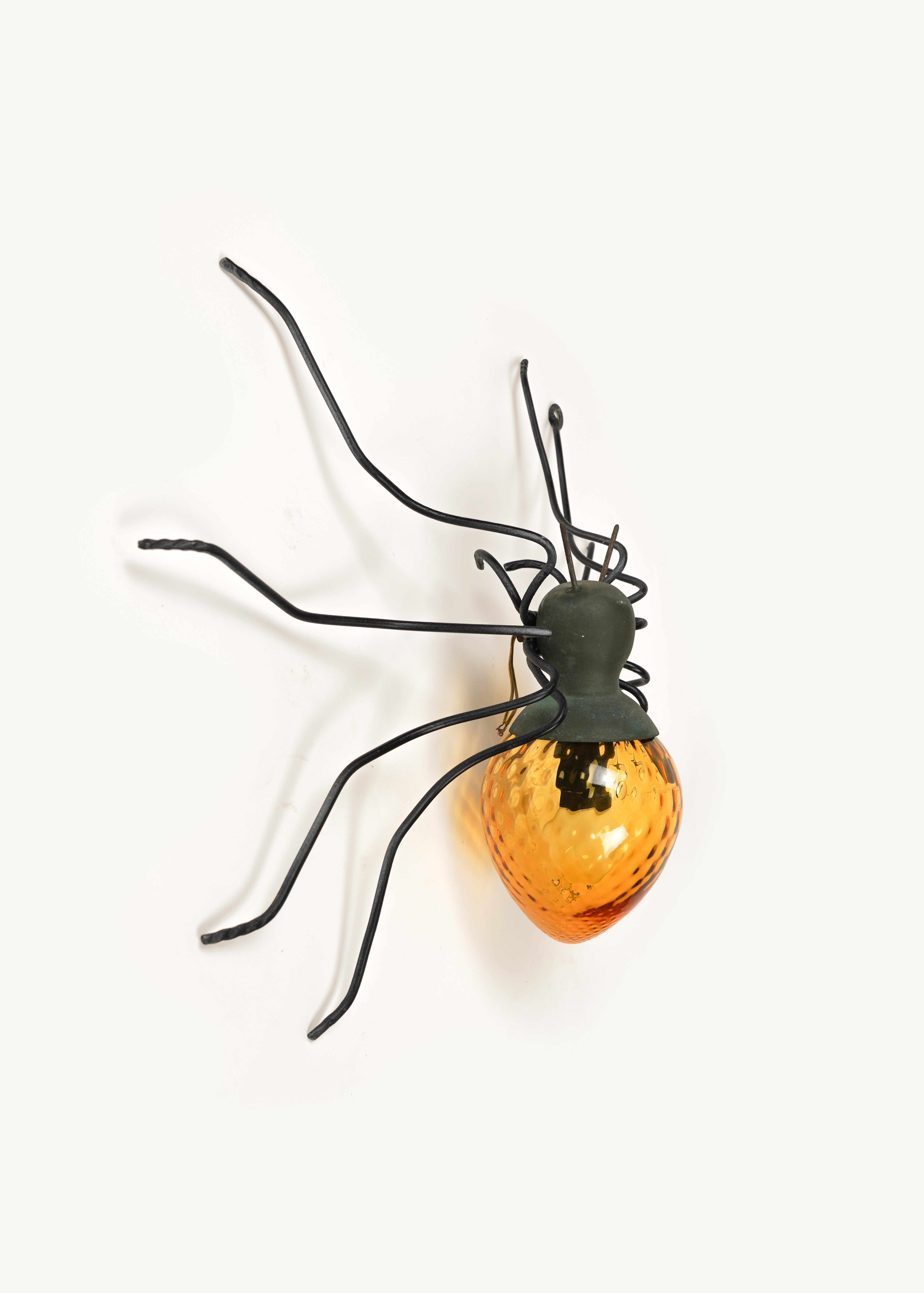 Italian Midcentury Spider Wall Lamp Sconce in Copper, Iron and Art Glass, Italy 1970s For Sale