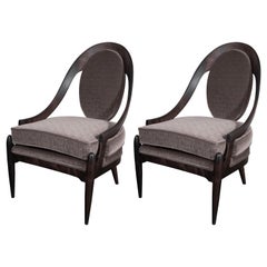 Midcentury Spoon Back Chairs in Ebonized Walnut & Gauffraged Mohair