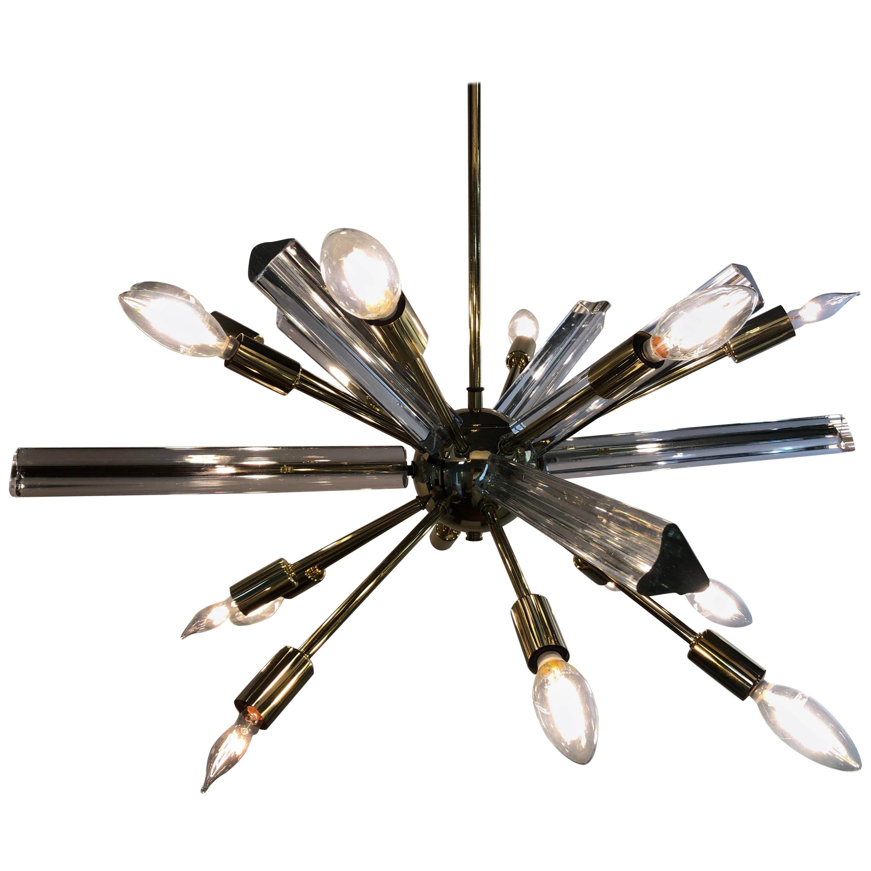 Midcentury Sputnik Brass Glass Chandelier