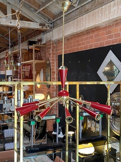 Midcentury Sputnik Brass Red-Color Chandelier, Italy, 1950s