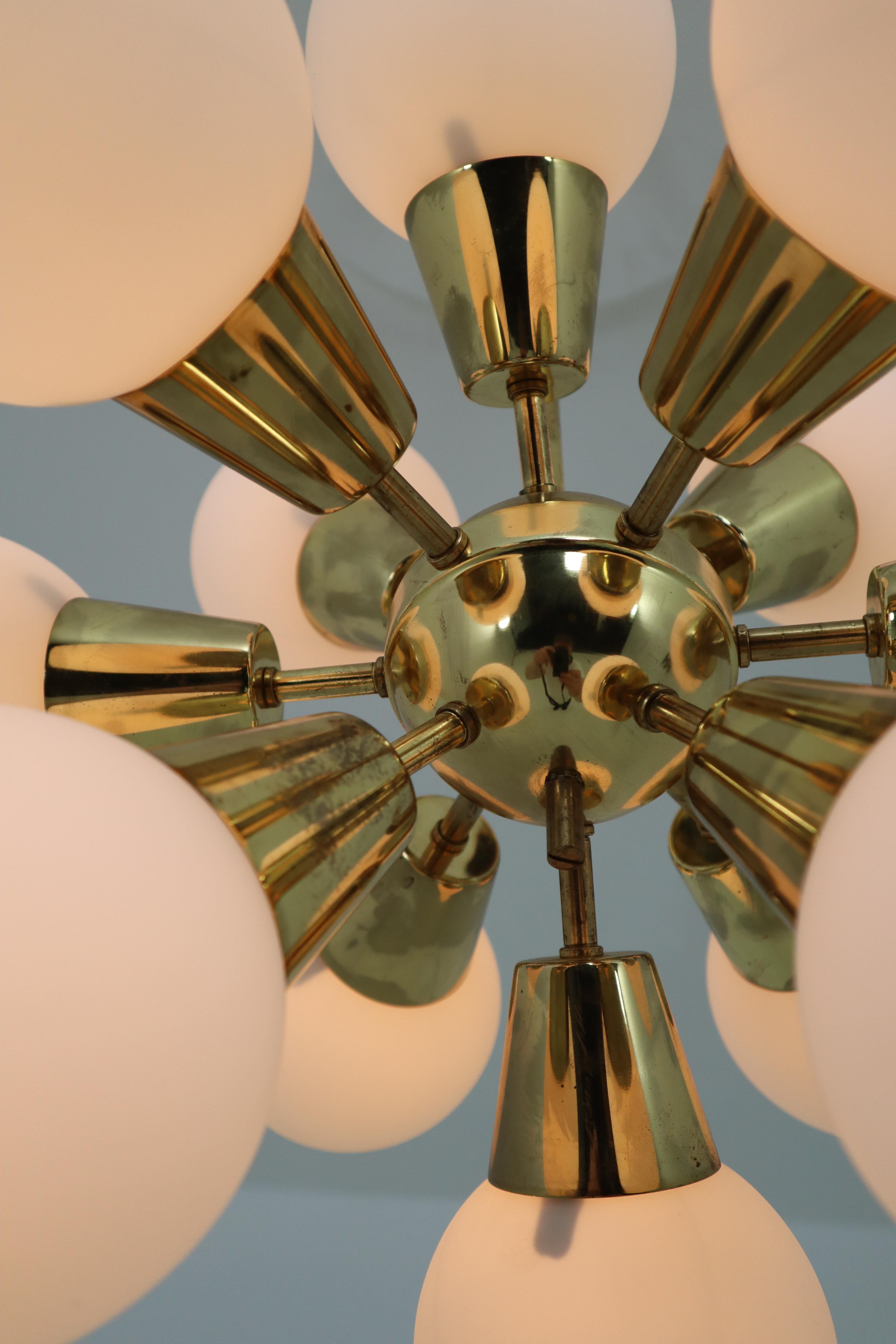 Mid-Century Modern Midcentury Sputnik Chandelier in Brass and Opaline Glass Spheres, Europe, 1970s