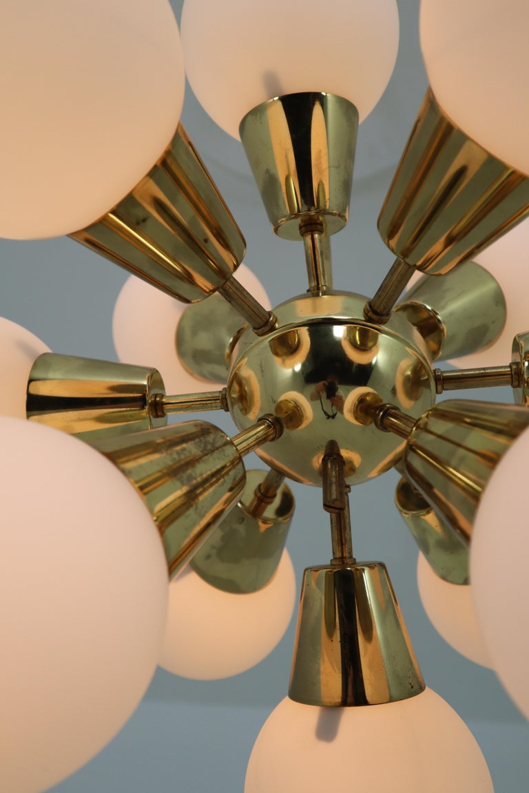 Midcentury Sputnik Chandelier in Brass and Opaline Glass ...