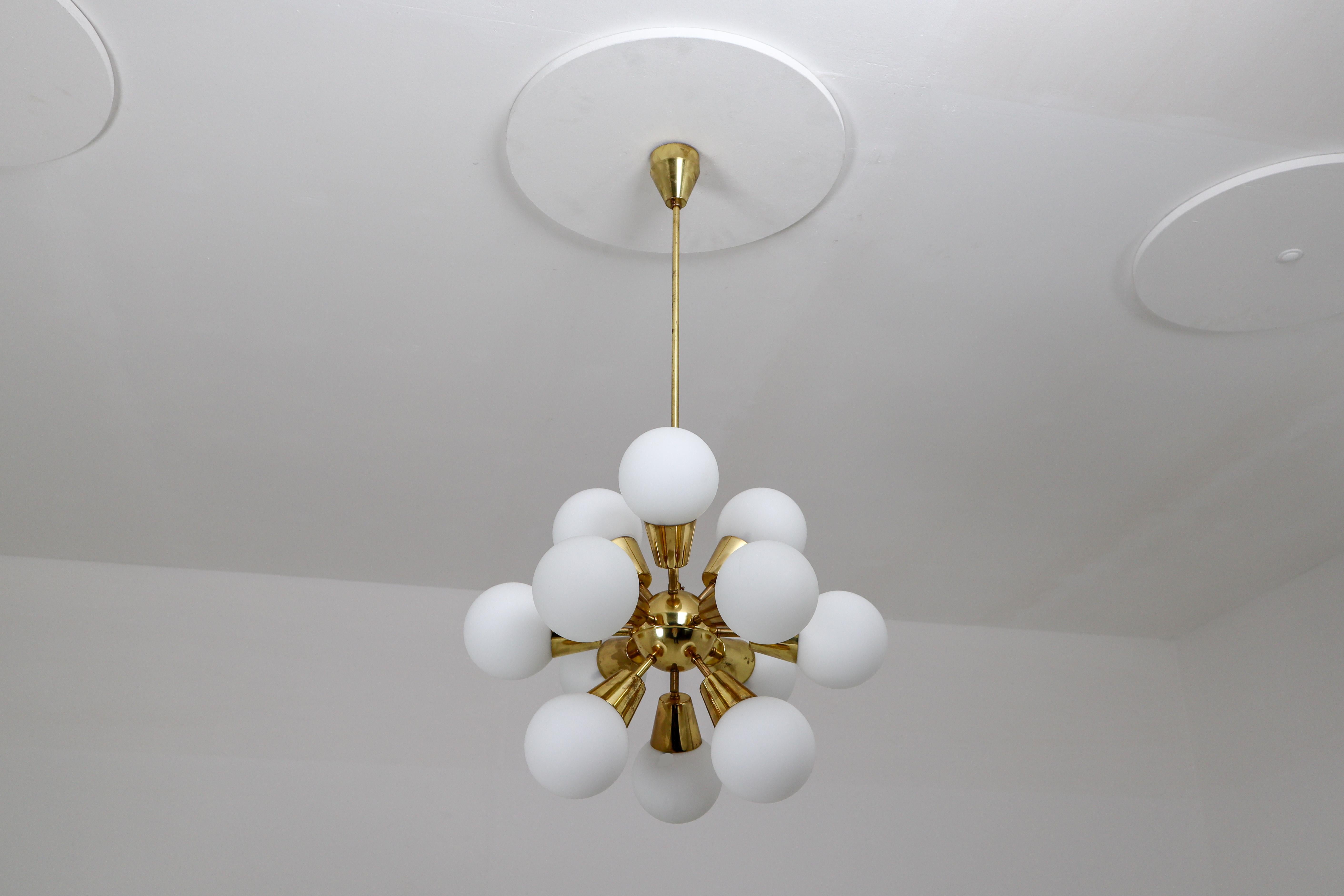 Midcentury Sputnik Chandelier in Brass and Opaline Glass Spheres, Europe, 1970s 1