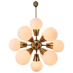 ... Midcentury Sputnik Chandelier in Brass and Opaline Glass Spheres, Europe, 1970s