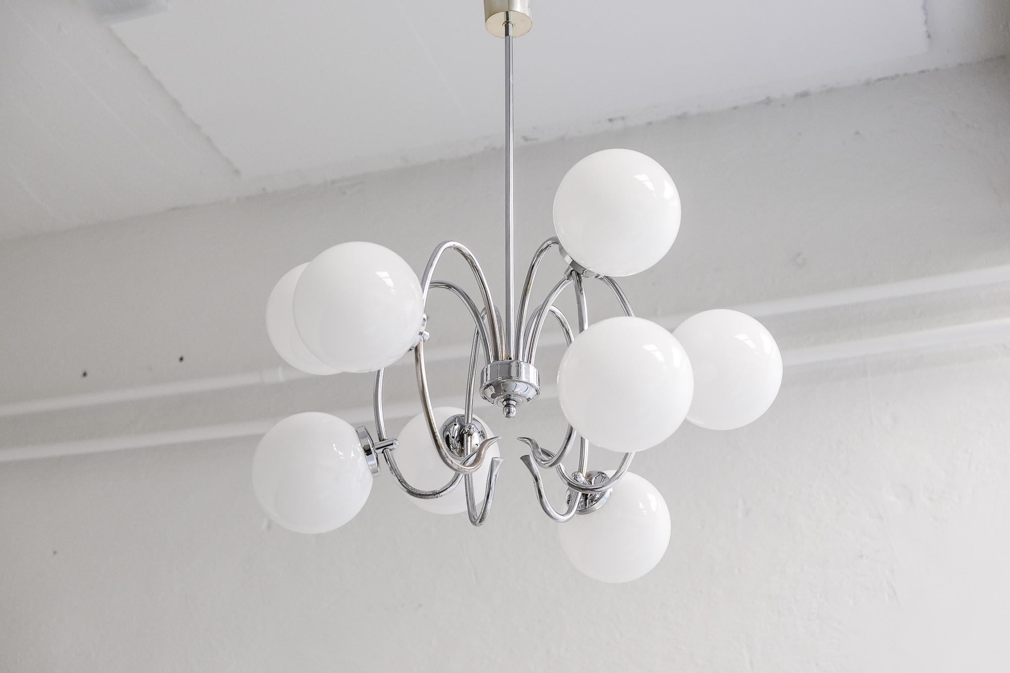 Space Age Midcentury Sputnik Chandelier with 9 Opaline Glass Globes, 1970s