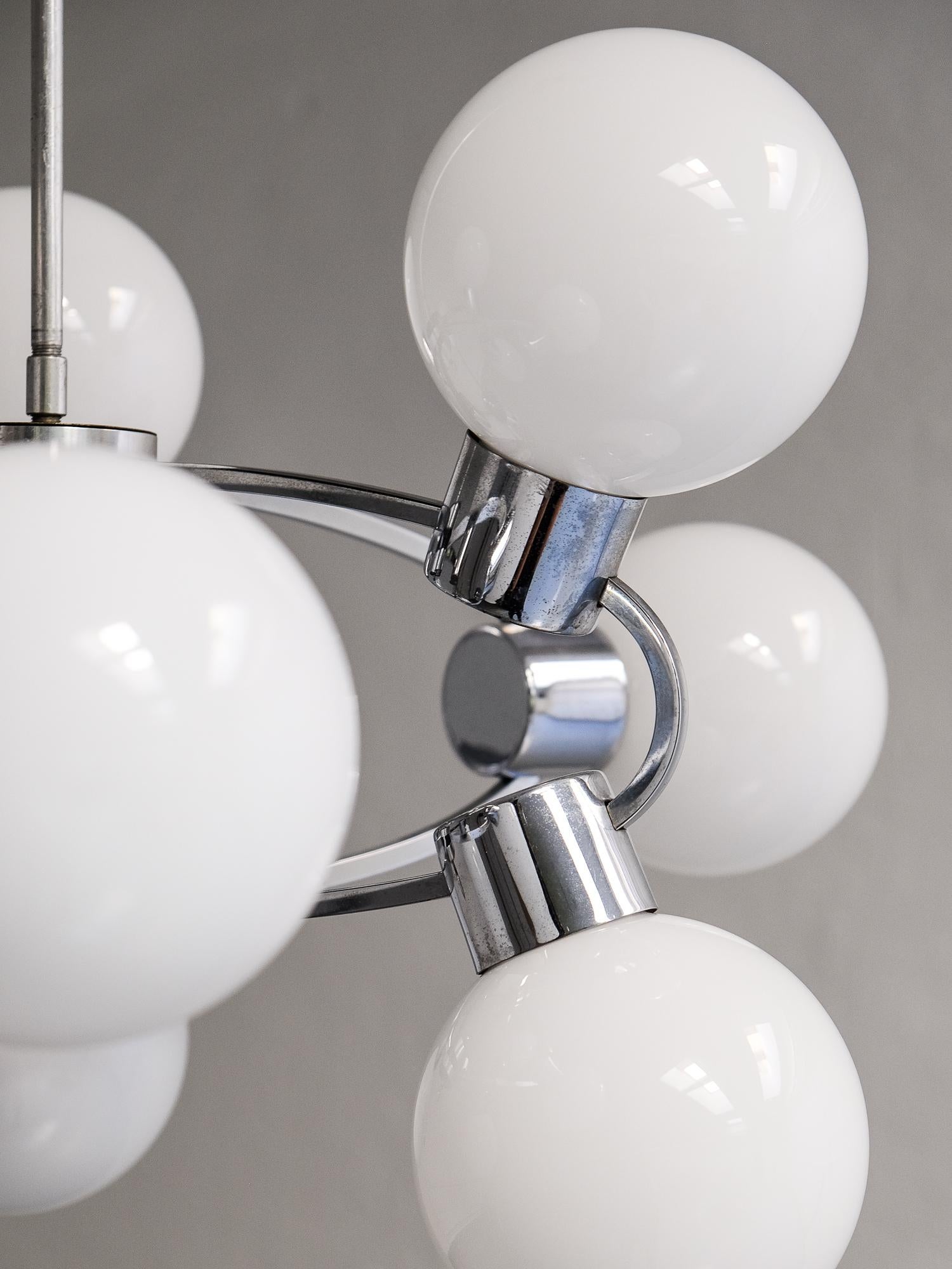 Space Age Midcentury Sputnik Chandelier with 9 Opaline Glass Globes, 1970s