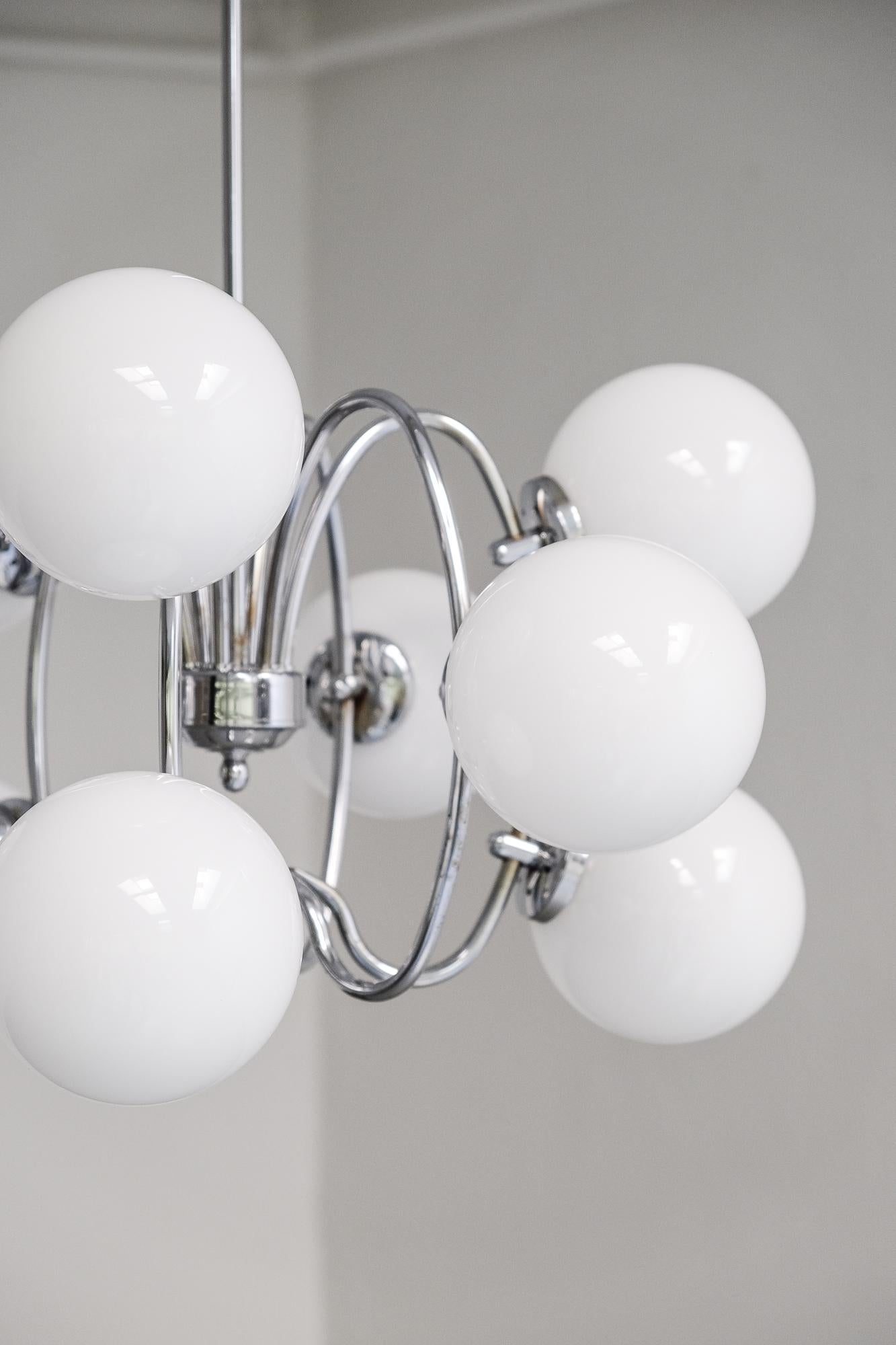 German Midcentury Sputnik Chandelier with 9 Opaline Glass Globes, 1970s