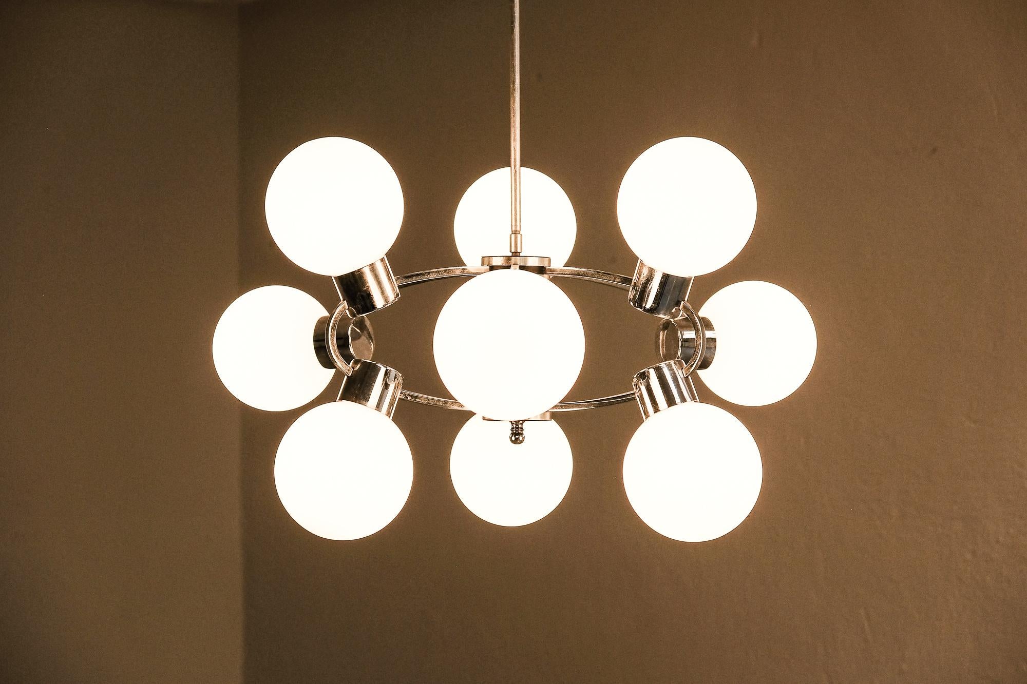 Late 20th Century Midcentury Sputnik Chandelier with 9 Opaline Glass Globes, 1970s