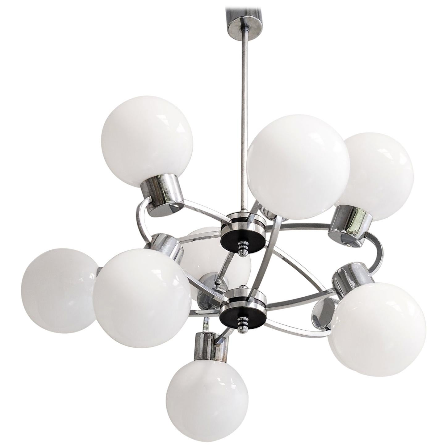 Midcentury Sputnik Chandelier with 9 Opaline Glass Globes, 1970s