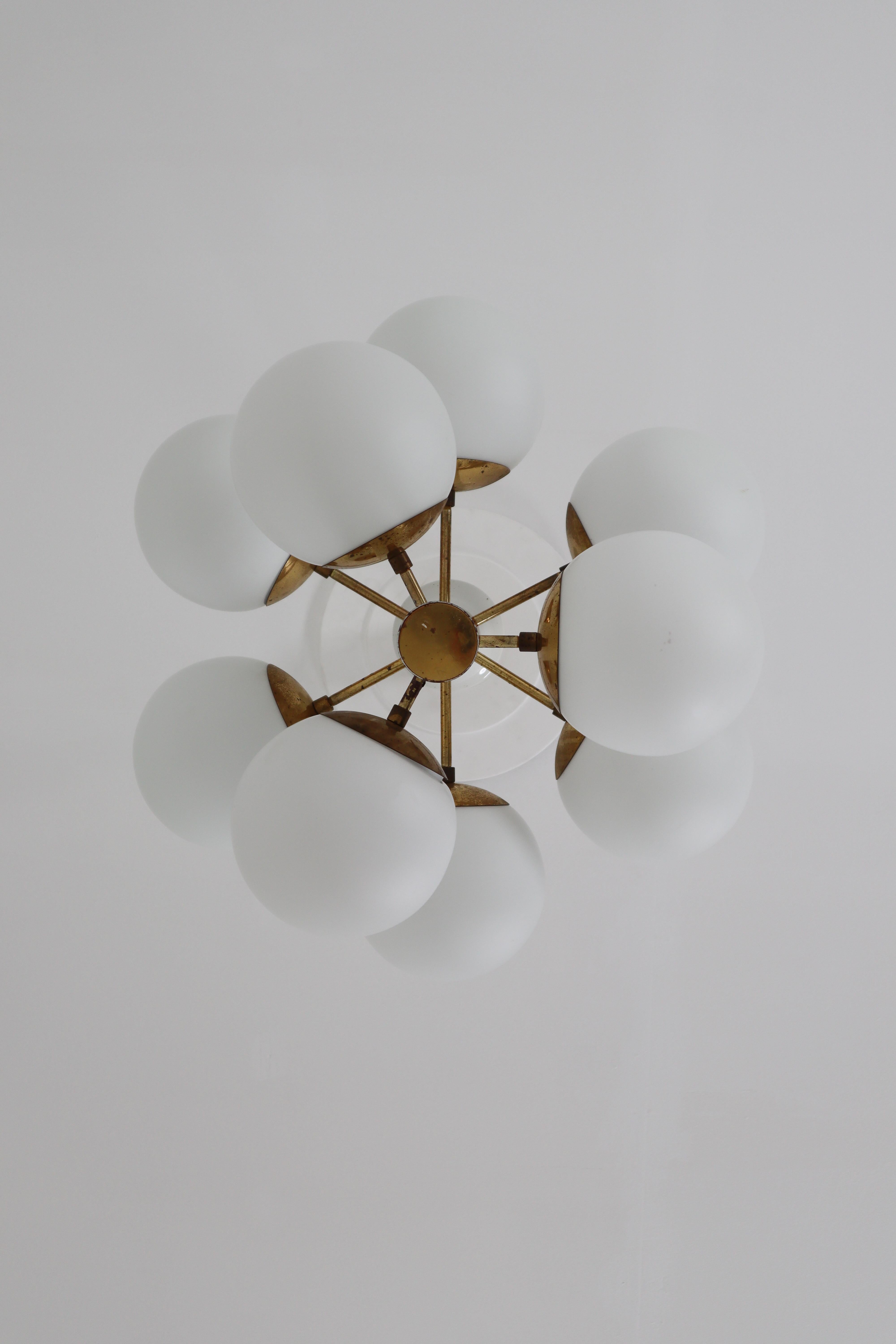 German Midcentury Sputnik Chandelier with Nine Handblown Opal Glass Globes