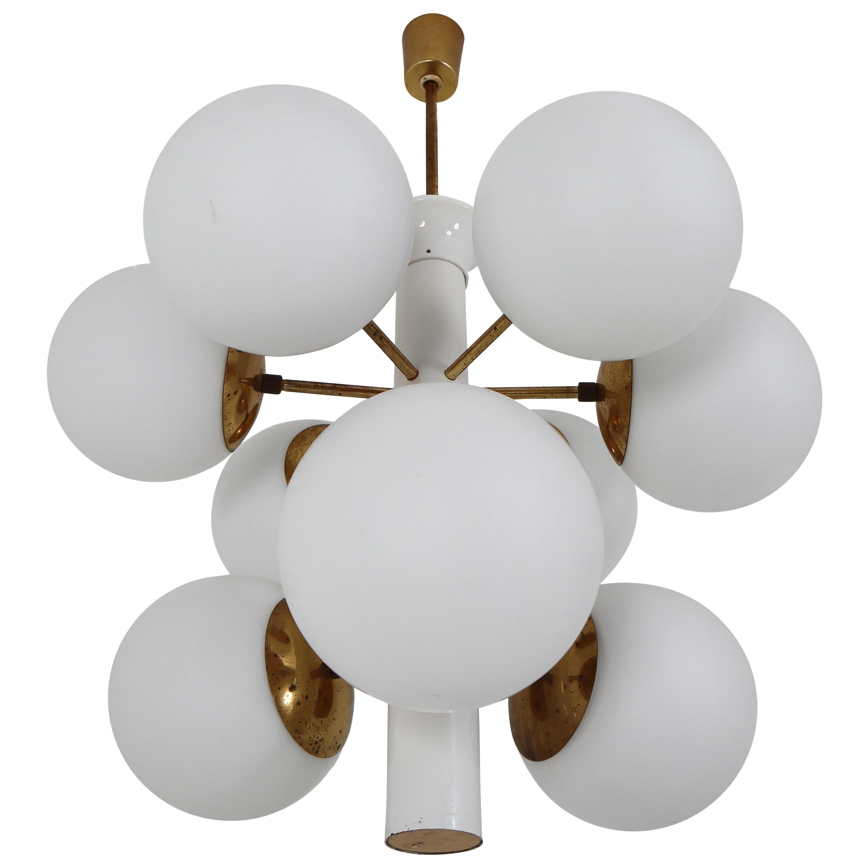 Midcentury Sputnik Chandelier with Nine Handblown Opal Glass Globes For
